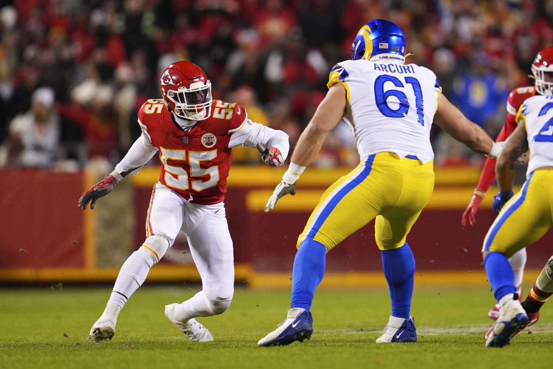 KANSAS CITY, MO - NOVEMBER 27: Frank Clark #55 of the Kansas City Chiefs battles with AJ Arcuri #61 of the Los Angeles Rams at GEHA Field at Arrowhead Stadium on November 27, 2022 in Kansas City, Missouri. (Photo by Cooper Neill/Getty Images)