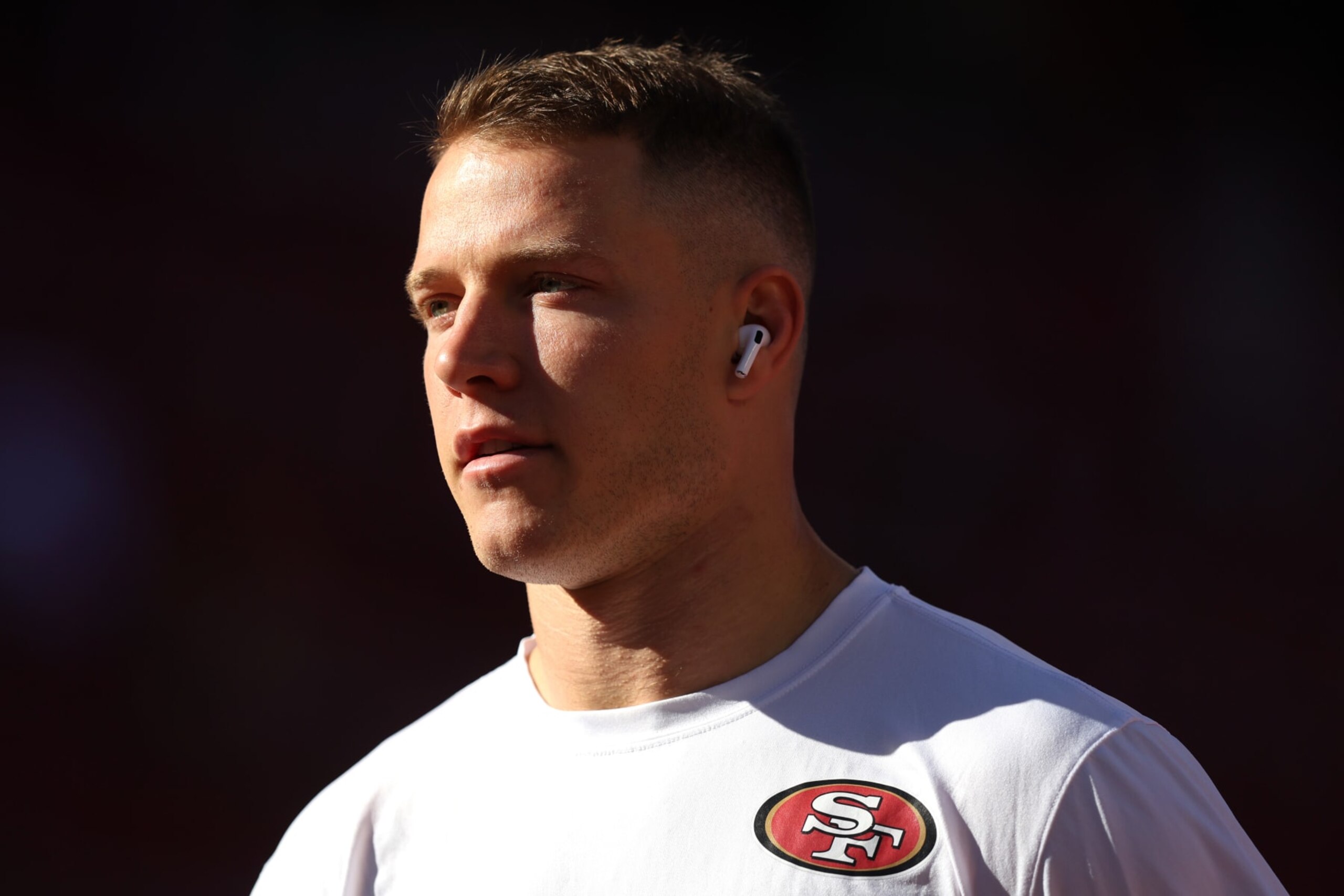 SANTA CLARA, CALIFORNIA - JANUARY 22: Christian McCaffrey #23 of the San Francisco 49ers warms up prior to a game against the Dallas Cowboys in the NFC Divisional Playoff game at Levi's Stadium on January 22, 2023 in Santa Clara, California. (Photo by Lachlan Cunningham/Getty Images)