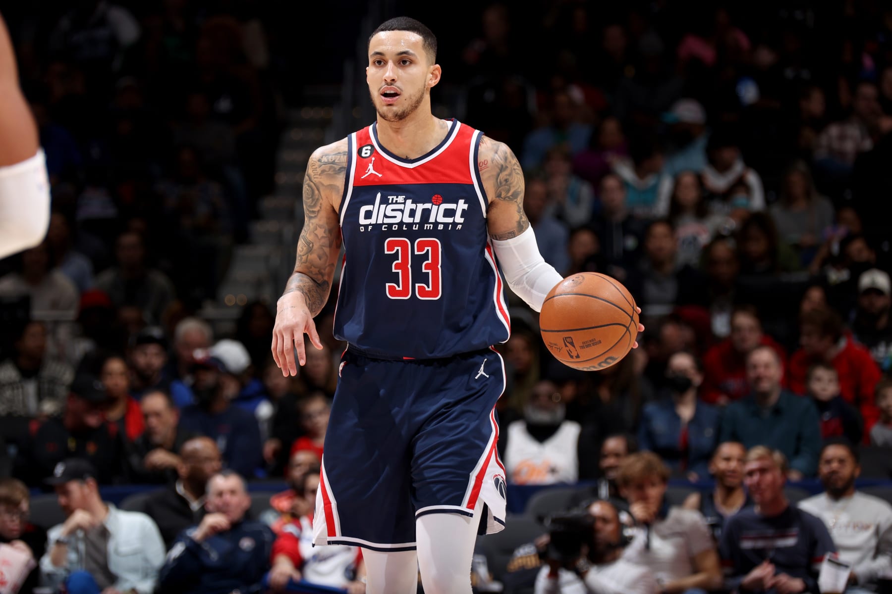 WASHINGTON, DC -  JANUARY 21: Kyle Kuzma #33 of the Washington Wizards handles the ball during the game against the Orlando Magic  on January 21, 2023 at Capital One Arena in Washington, DC. NOTE TO USER: User expressly acknowledges and agrees that, by downloading and or using this Photograph, user is consenting to the terms and conditions of the Getty Images License Agreement. Mandatory Copyright Notice: Copyright 2023 NBAE (Photo by Stephen Gosling/NBAE via Getty Images)