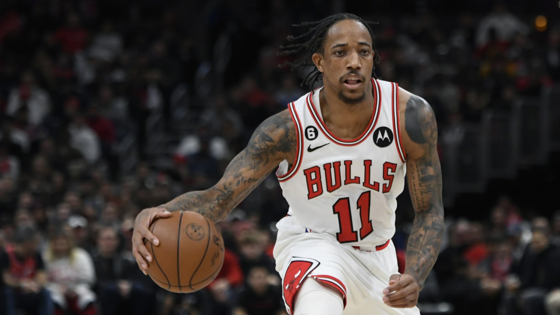 Chicago Bulls' DeMar DeRozan (11) drives during the second half of an NBA basketball game against the Brooklyn Nets Wednesday, Jan. 4, 2023, in Chicago. Chicago won 121-112. (AP Photo/Paul Beaty)