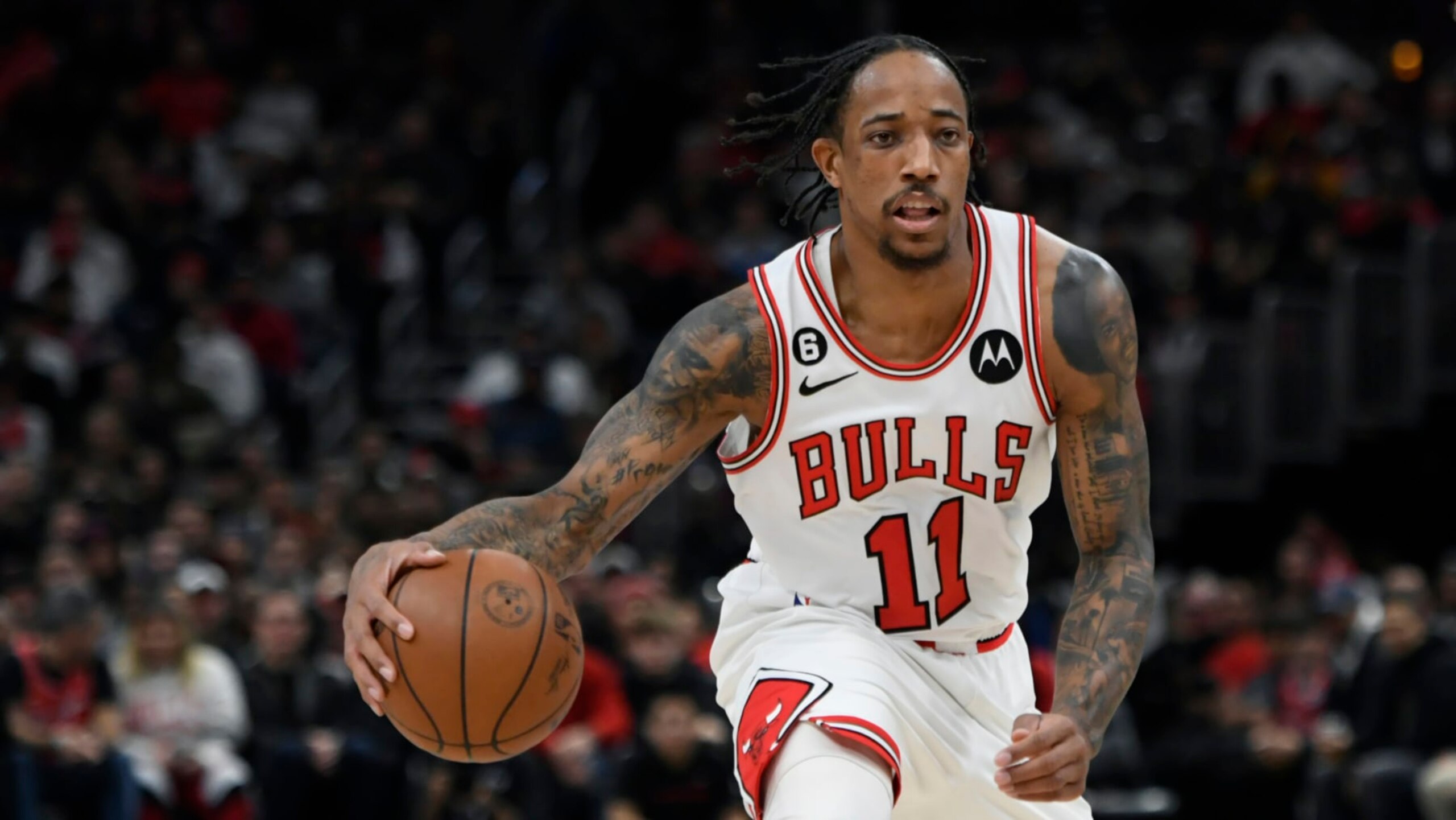 Chicago Bulls' DeMar DeRozan (11) drives during the second half of an NBA basketball game against the Brooklyn Nets Wednesday, Jan. 4, 2023, in Chicago. Chicago won 121-112. (AP Photo/Paul Beaty)