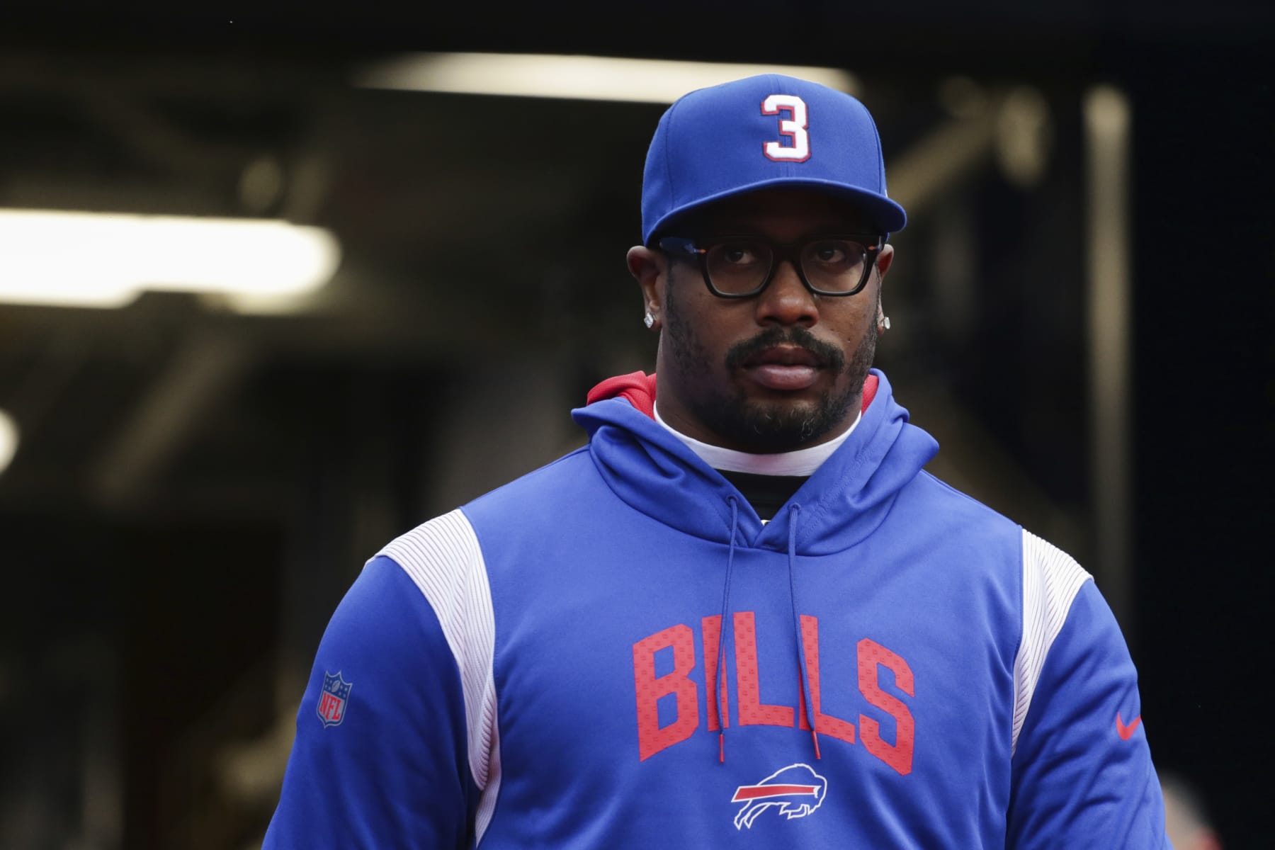 Buffalo Bills linebacker Von Miller takes the field before an NFL football game against the New England Patriots on Sunday, Jan. 8, 2023, in Orchard Park, N.Y. (AP Photo/Joshua Bessex)