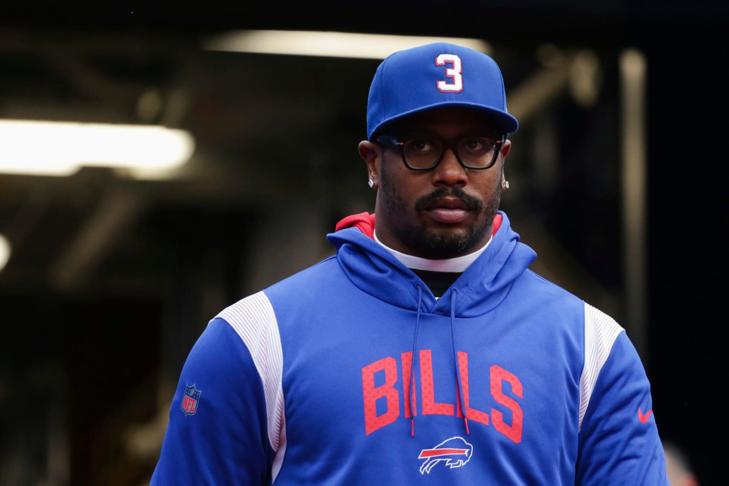 Buffalo Bills linebacker Von Miller takes the field before an NFL football game against the New England Patriots on Sunday, Jan. 8, 2023, in Orchard Park, N.Y. (AP Photo/Joshua Bessex)