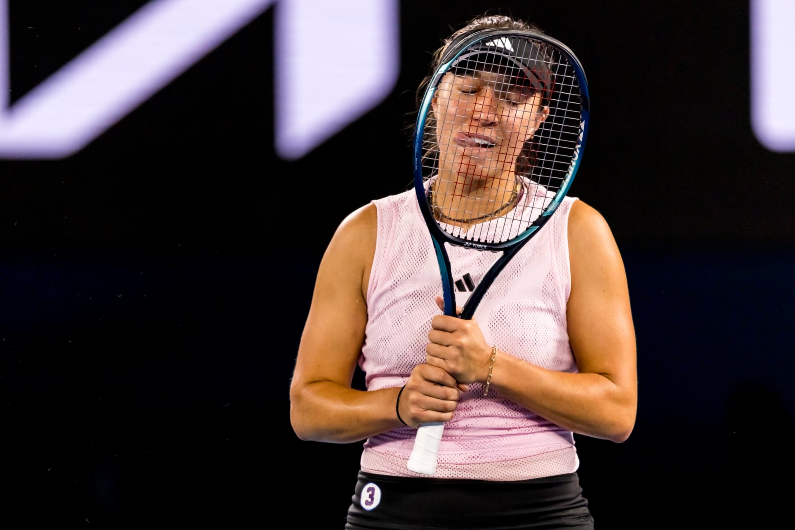 MELBOURNE, VIC - JANUARY 24: Jessica Pegula of the United States of America shows her frustration during the Quarterfinals of the 2023 Australian Open on January 24 2023, at Melbourne Park in Melbourne, Australia. (Photo by Jason Heidrich/Icon Sportswire via Getty Images)