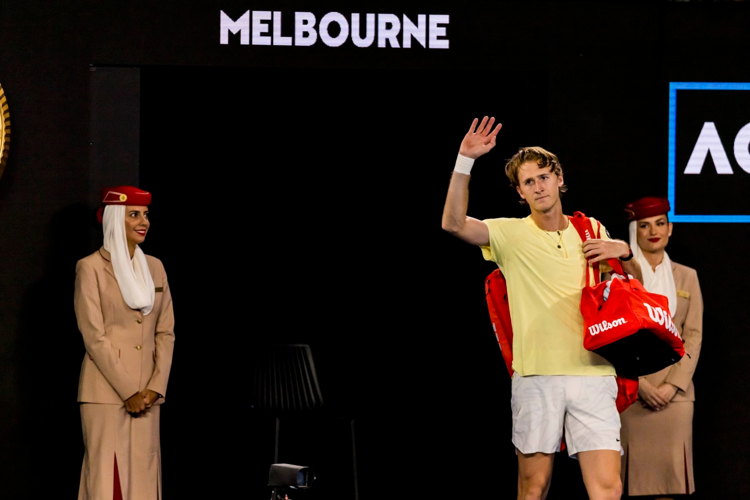 MELBOURNE, VIC - JANUARY 24: Sebastian Korda of the United States of America waves to the crowd after retiring from the match during the Quarterfinals of the 2023 Australian Open on January 24 2023, at Melbourne Park in Melbourne, Australia. (Photo by Jason Heidrich/Icon Sportswire via Getty Images)