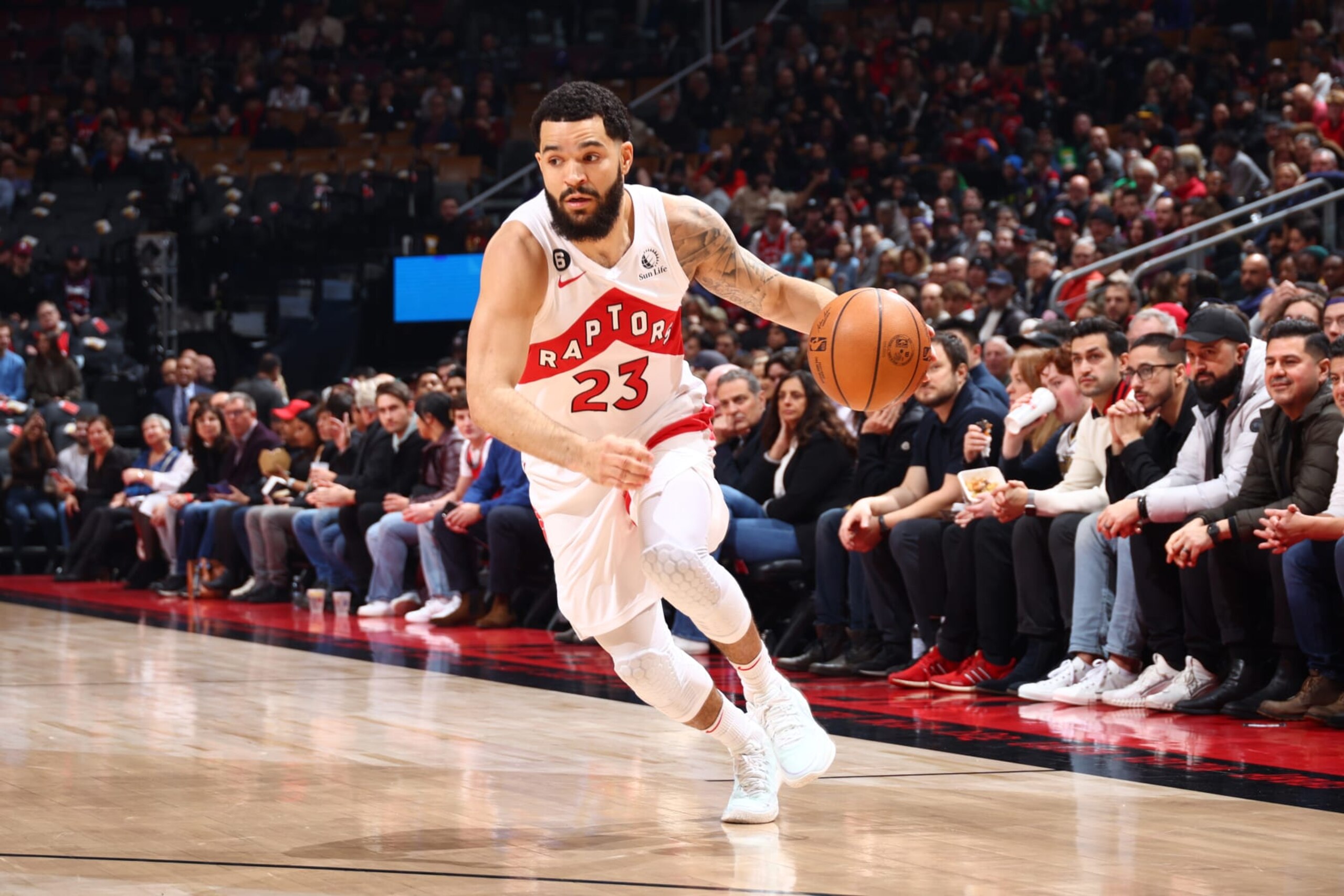 TORONTO, CANADA - JANUARY 22: Fred VanVleet #23 of the Toronto Raptors dribbles the ball during the game against the New York Knicks on January 22, 2023 at the Scotiabank Arena in Toronto, Ontario, Canada.  NOTE TO USER: User expressly acknowledges and agrees that, by downloading and or using this Photograph, user is consenting to the terms and conditions of the Getty Images License Agreement.  Mandatory Copyright Notice: Copyright 2023 NBAE (Photo by Vaughn Ridley/NBAE via Getty Images)