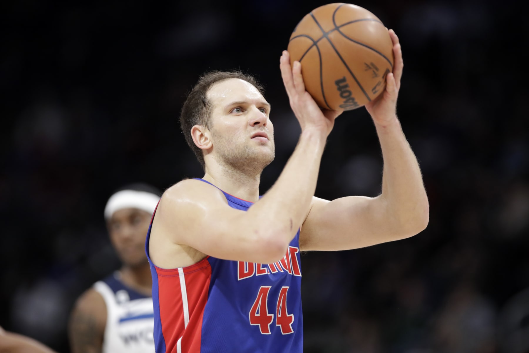 DETROIT, MI - JANUARY 11: Bojan Bogdanovic #44 of the Detroit Pistons shoots a free throw during the game against the Minnesota Timberwolves on January 11, 2023 at Little Caesars Arena in Detroit, Michigan. NOTE TO USER: User expressly acknowledges and agrees that, by downloading and/or using this photograph, User is consenting to the terms and conditions of the Getty Images License Agreement. Mandatory Copyright Notice: Copyright 2023 NBAE (Photo by Brian Sevald/NBAE via Getty Images)