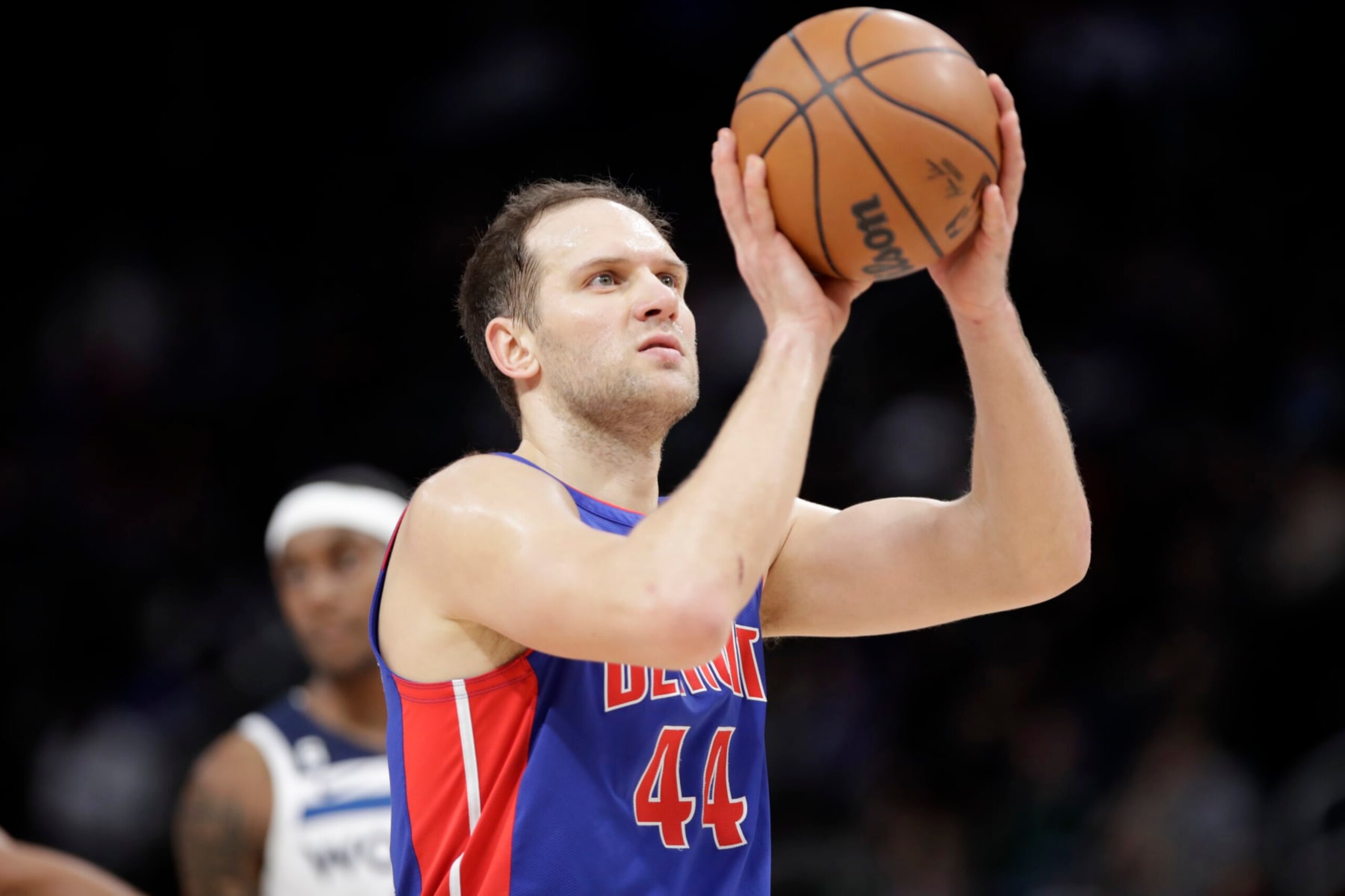 DETROIT, MI - JANUARY 11: Bojan Bogdanovic #44 of the Detroit Pistons shoots a free throw during the game against the Minnesota Timberwolves on January 11, 2023 at Little Caesars Arena in Detroit, Michigan. NOTE TO USER: User expressly acknowledges and agrees that, by downloading and/or using this photograph, User is consenting to the terms and conditions of the Getty Images License Agreement. Mandatory Copyright Notice: Copyright 2023 NBAE (Photo by Brian Sevald/NBAE via Getty Images)