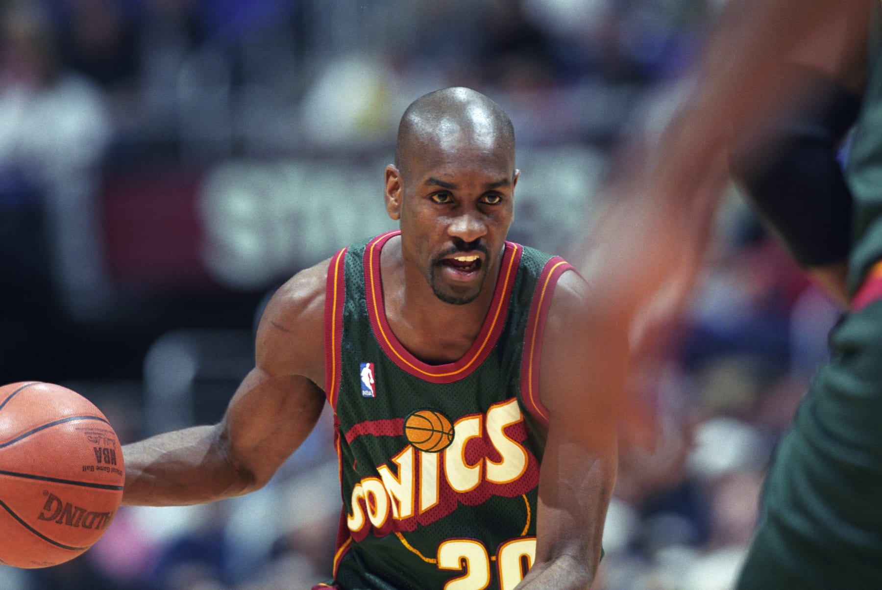 FILE:  Gary Payton of the Seattle Supersonics with the ball during a National Basketball Association game against the Los Angeles Lakers at the Staples Center in Los Angeles, CA. (Photo by Matt A. Brown/Icon Sportswire via Getty Images)