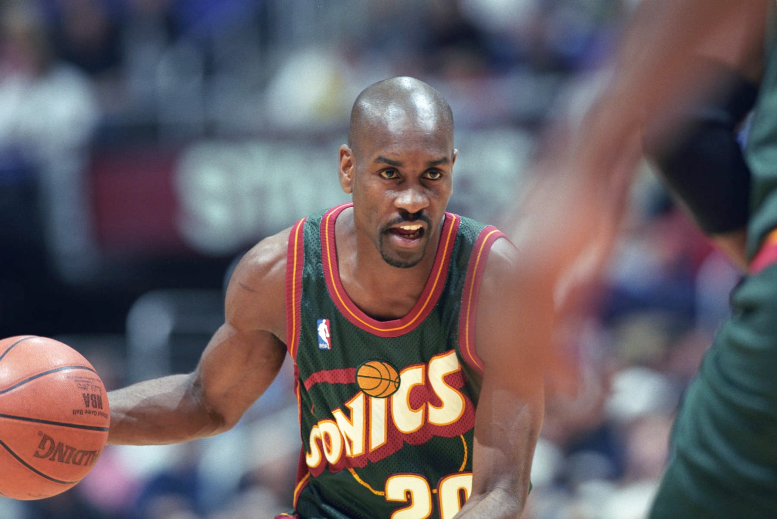 FILE:  Gary Payton of the Seattle Supersonics with the ball during a National Basketball Association game against the Los Angeles Lakers at the Staples Center in Los Angeles, CA. (Photo by Matt A. Brown/Icon Sportswire via Getty Images)