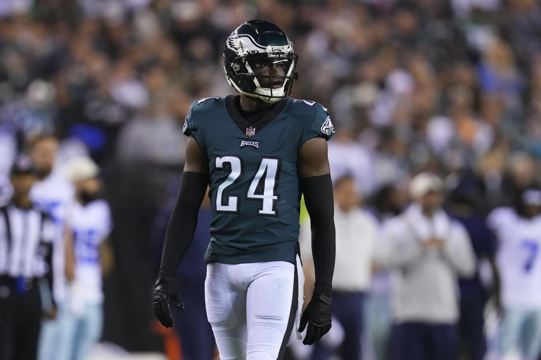 PHILADELPHIA, PA - OCTOBER 16: James Bradberry #24 of the Philadelphia Eagles looks on against the Dallas Cowboys at Lincoln Financial Field on October 16, 2022 in Philadelphia, Pennsylvania. (Photo by Mitchell Leff/Getty Images)