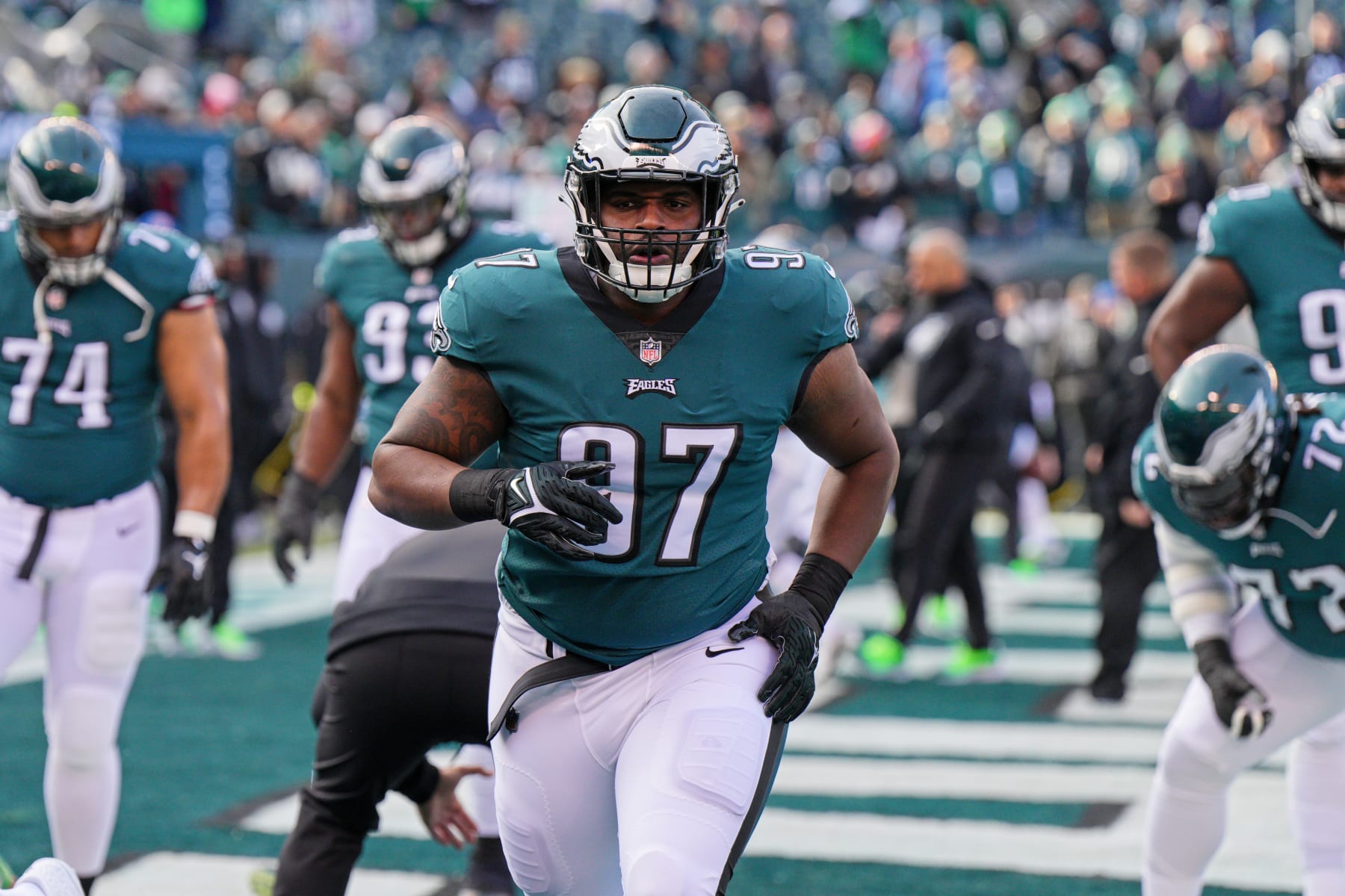 PHILADELPHIA, PA - DECEMBER 04: Philadelphia Eagles defensive tackle Javon Hargrave (97) warms up during the game between the Tennessee Titans and the Philadelphia Eagles on December 4, 2022 at Lincoln Financial Field in Philadelphia, PA. (Photo by Andy Lewis/Icon Sportswire via Getty Images)