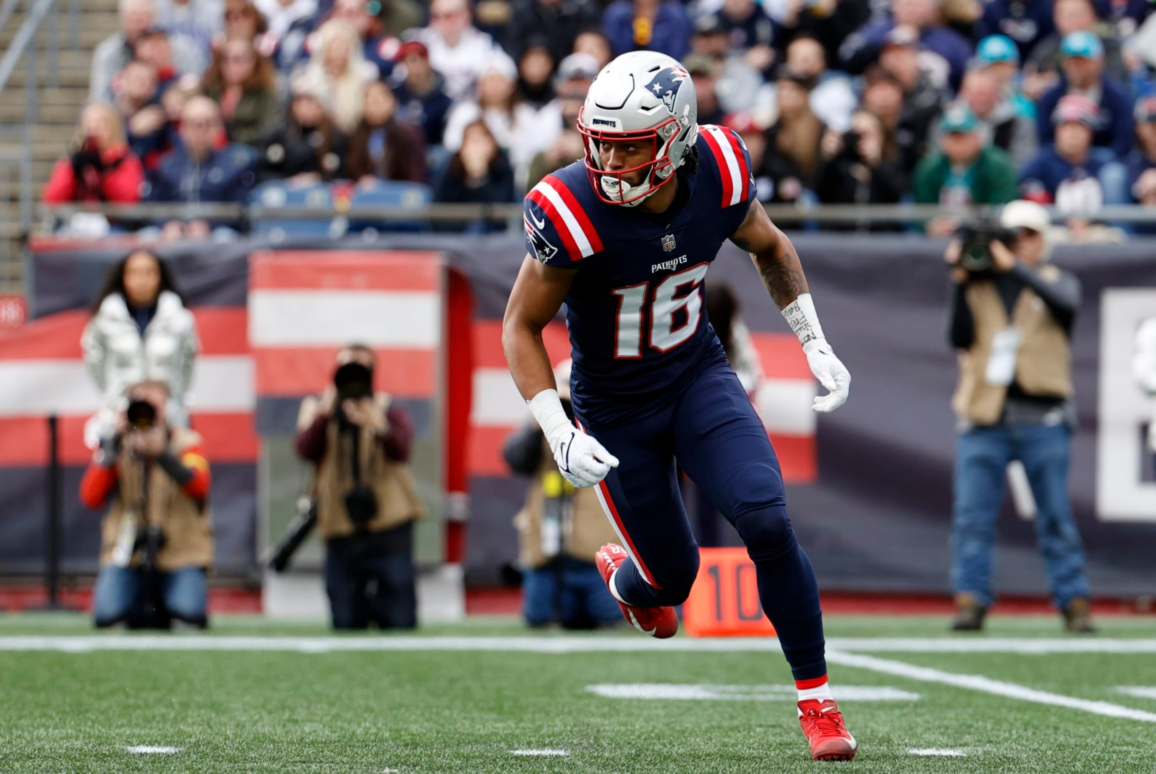 FOXBOROUGH, MA - JANUARY 01: New England Patriots wide receiver Jakobi Meyers (16) goes in motion on a trick play during a game between the New England Patriots and the Miami Dolphins on January 1, 2023, at Gillette Stadium in Foxboro, Massachusetts. (Photo by Fred Kfoury III/Icon Sportswire via Getty Images)