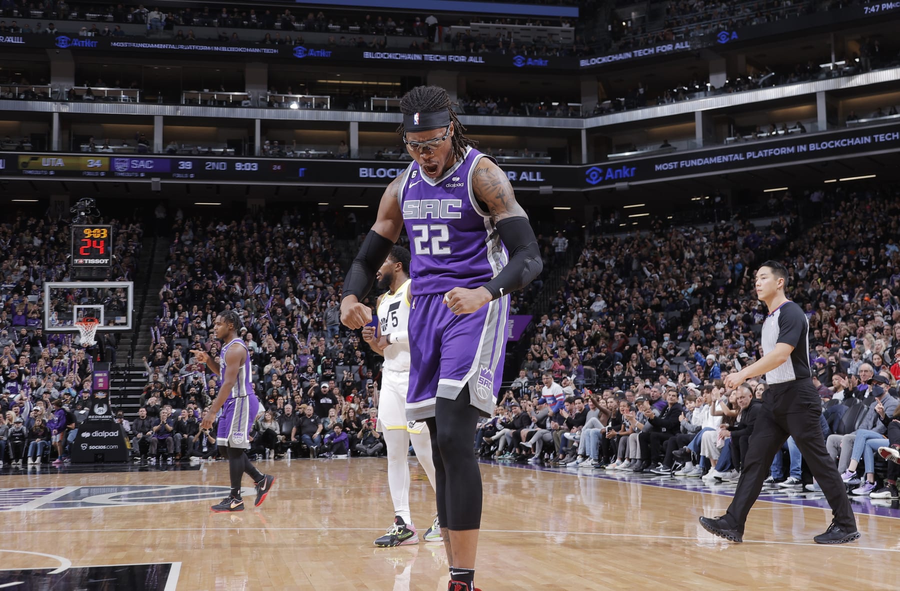 SACRAMENTO, CA - DECEMBER 30: Richaun Holmes #22 of the Sacramento Kings celebrates during the game against the Utah Jazz on December 30, 2022 at Golden 1 Center in Sacramento, California. NOTE TO USER: User expressly acknowledges and agrees that, by downloading and or using this photograph, User is consenting to the terms and conditions of the Getty Images Agreement. Mandatory Copyright Notice: Copyright 2022 NBAE (Photo by Rocky Widner/NBAE via Getty Images)