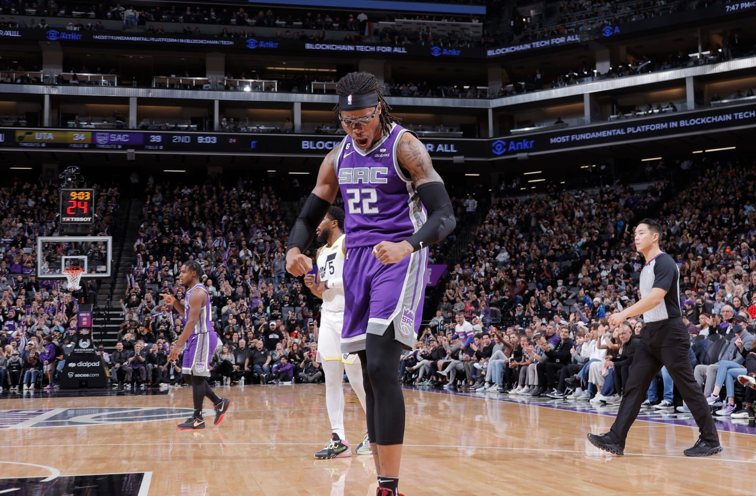 SACRAMENTO, CA - DECEMBER 30: Richaun Holmes #22 of the Sacramento Kings celebrates during the game against the Utah Jazz on December 30, 2022 at Golden 1 Center in Sacramento, California. NOTE TO USER: User expressly acknowledges and agrees that, by downloading and or using this photograph, User is consenting to the terms and conditions of the Getty Images Agreement. Mandatory Copyright Notice: Copyright 2022 NBAE (Photo by Rocky Widner/NBAE via Getty Images)