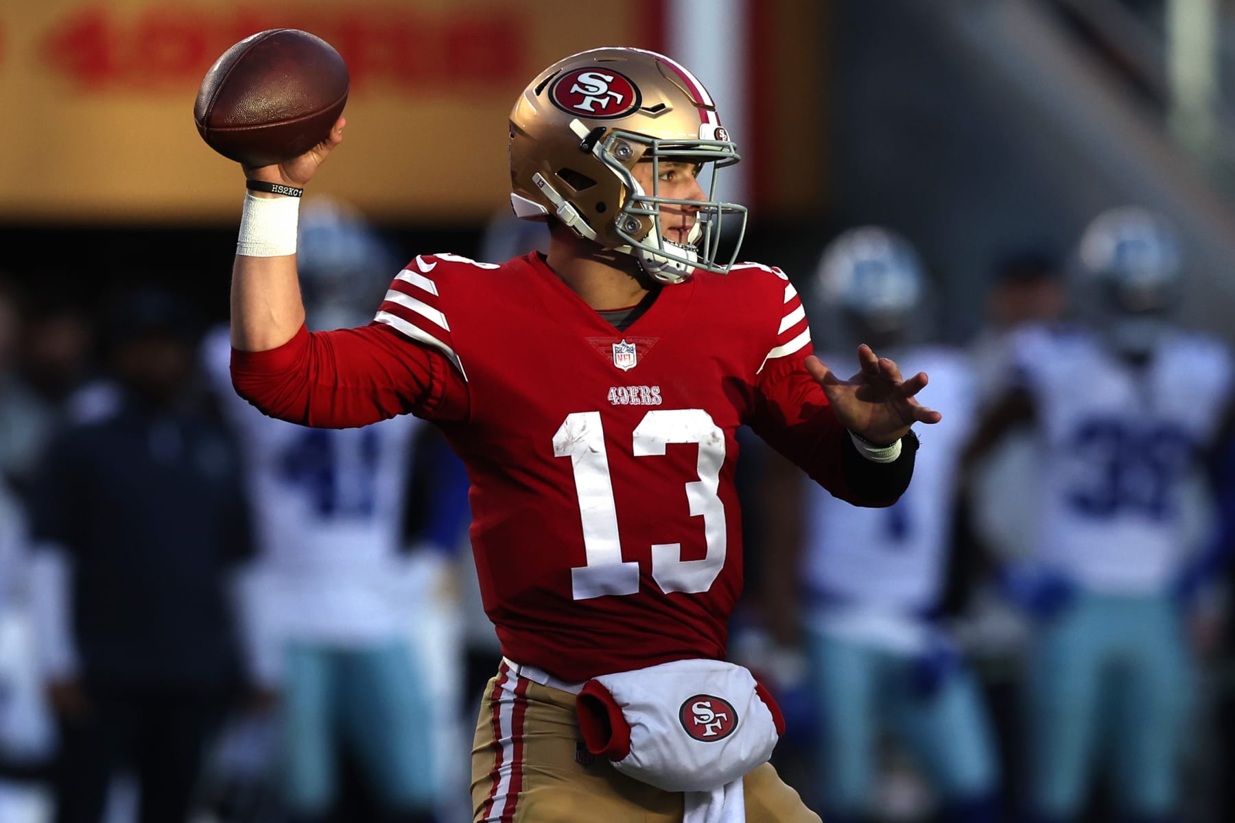 SANTA CLARA, CALIFORNIA - JANUARY 22: Brock Purdy #13 of the San Francisco 49ers throws a pass against the Dallas Cowboys during the first half in the NFC Divisional Playoff game at Levi's Stadium on January 22, 2023 in Santa Clara, California. (Photo by Lachlan Cunningham/Getty Images)
