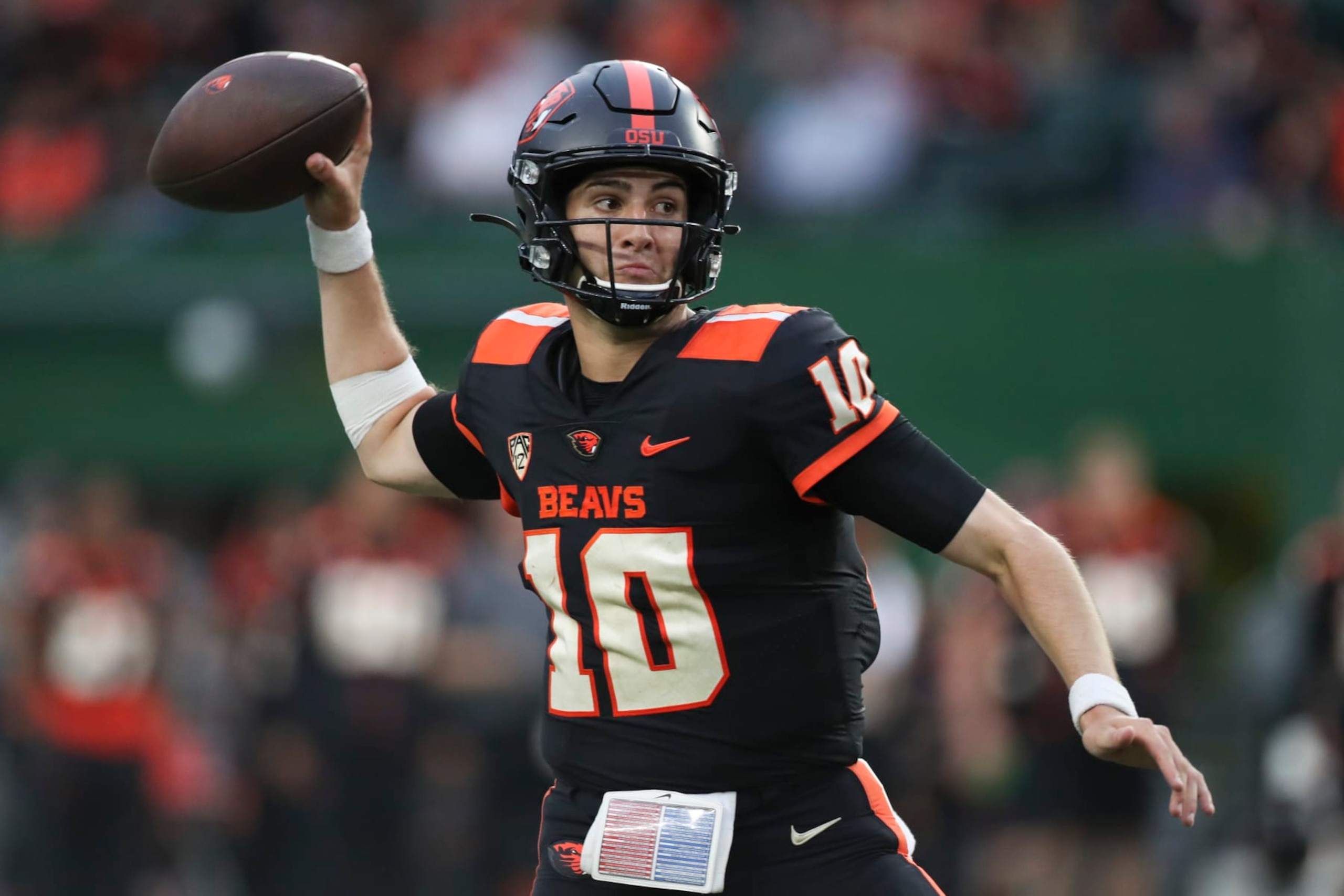 PORTLAND, OREGON - SEPTEMBER 17: Chance Nolan #10 of the Oregon State Beavers looks to pass against the Montana State Bobcats during the first half at Providence Park on September 17, 2022 in Portland, Oregon. (Photo by Amanda Loman/Getty Images)