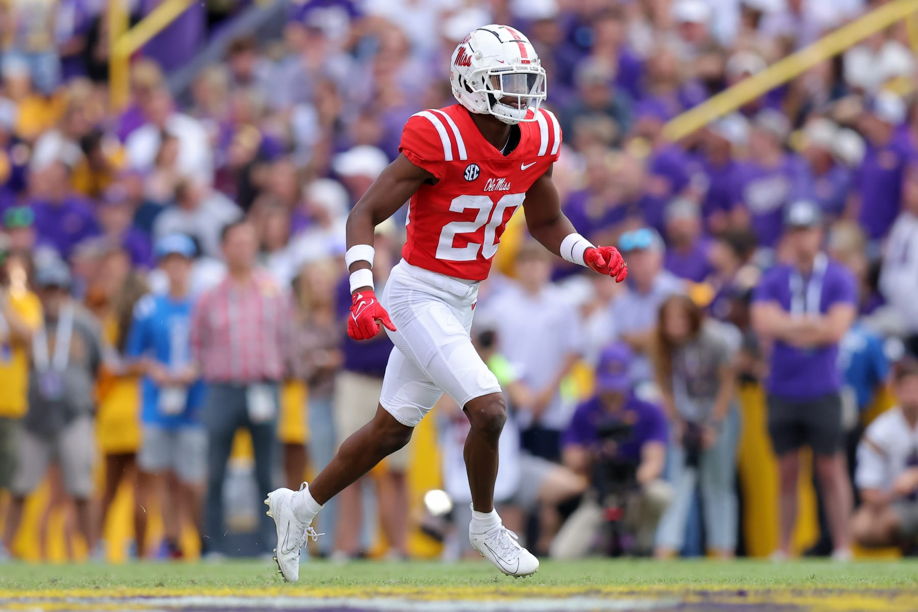 BATON ROUGE, LOUISIANA - OCTOBER 22: Davison Igbinosun #20 of the Mississippi Rebels defends against the LSU Tigers during a game at Tiger Stadium on October 22, 2022 in Baton Rouge, Louisiana. (Photo by Jonathan Bachman/Getty Images)