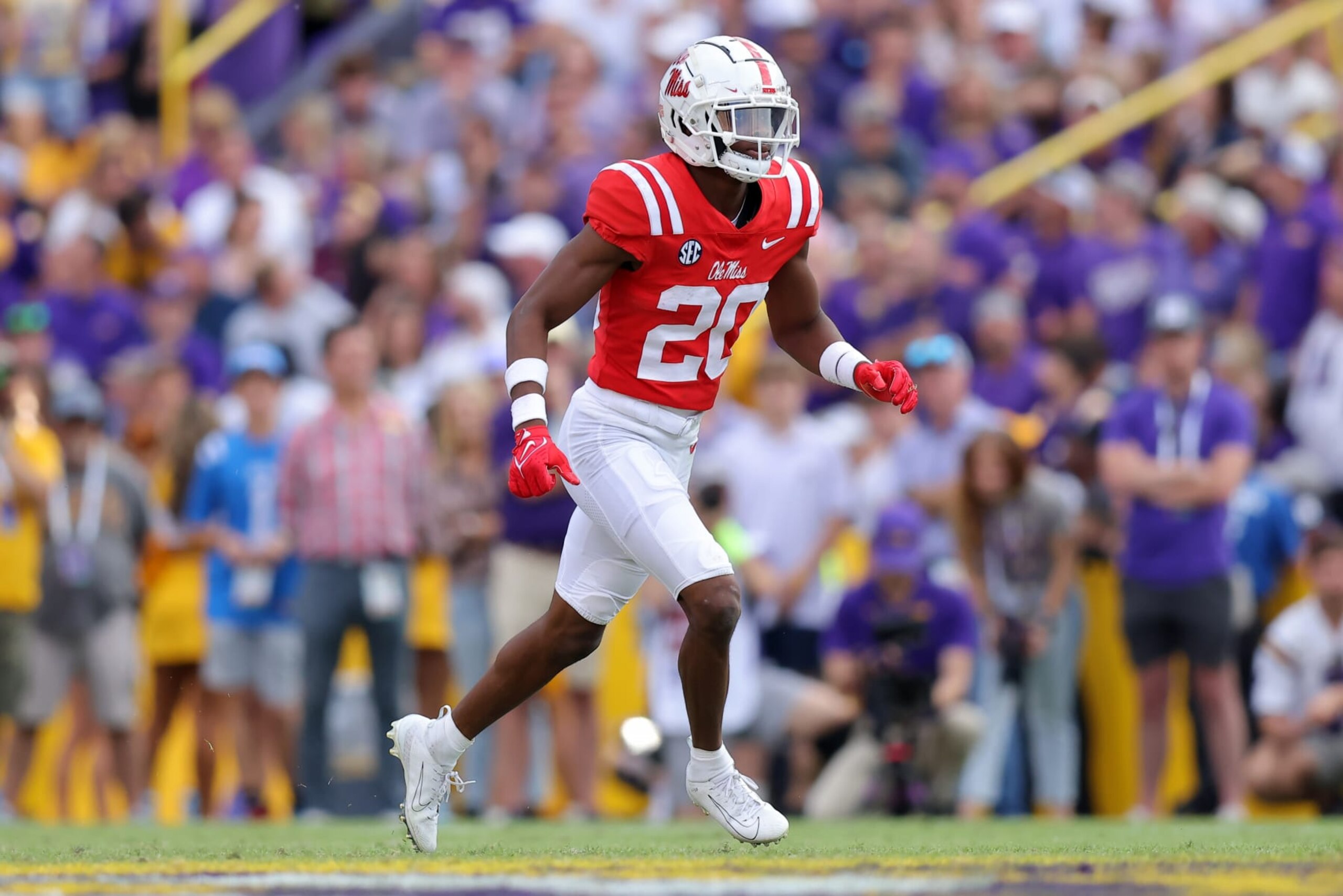 BATON ROUGE, LOUISIANA - OCTOBER 22: Davison Igbinosun #20 of the Mississippi Rebels defends against the LSU Tigers during a game at Tiger Stadium on October 22, 2022 in Baton Rouge, Louisiana. (Photo by Jonathan Bachman/Getty Images)