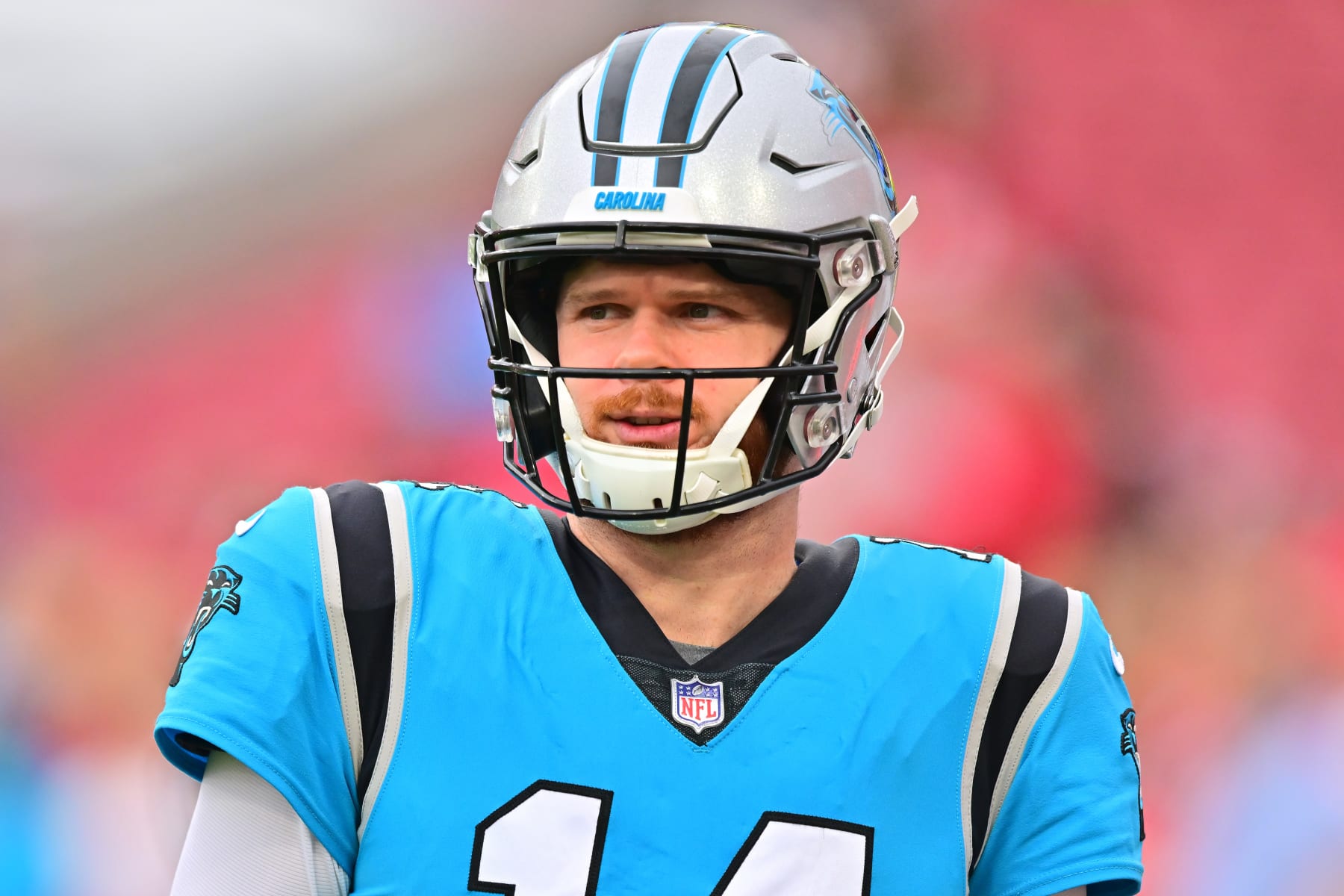 TAMPA, FLORIDA - JANUARY 01: Sam Darnold #14 of the Carolina Panthers warms up before playing against the Tampa Bay Buccaneers at Raymond James Stadium on January 01, 2023 in Tampa, Florida. (Photo by Julio Aguilar/Getty Images)