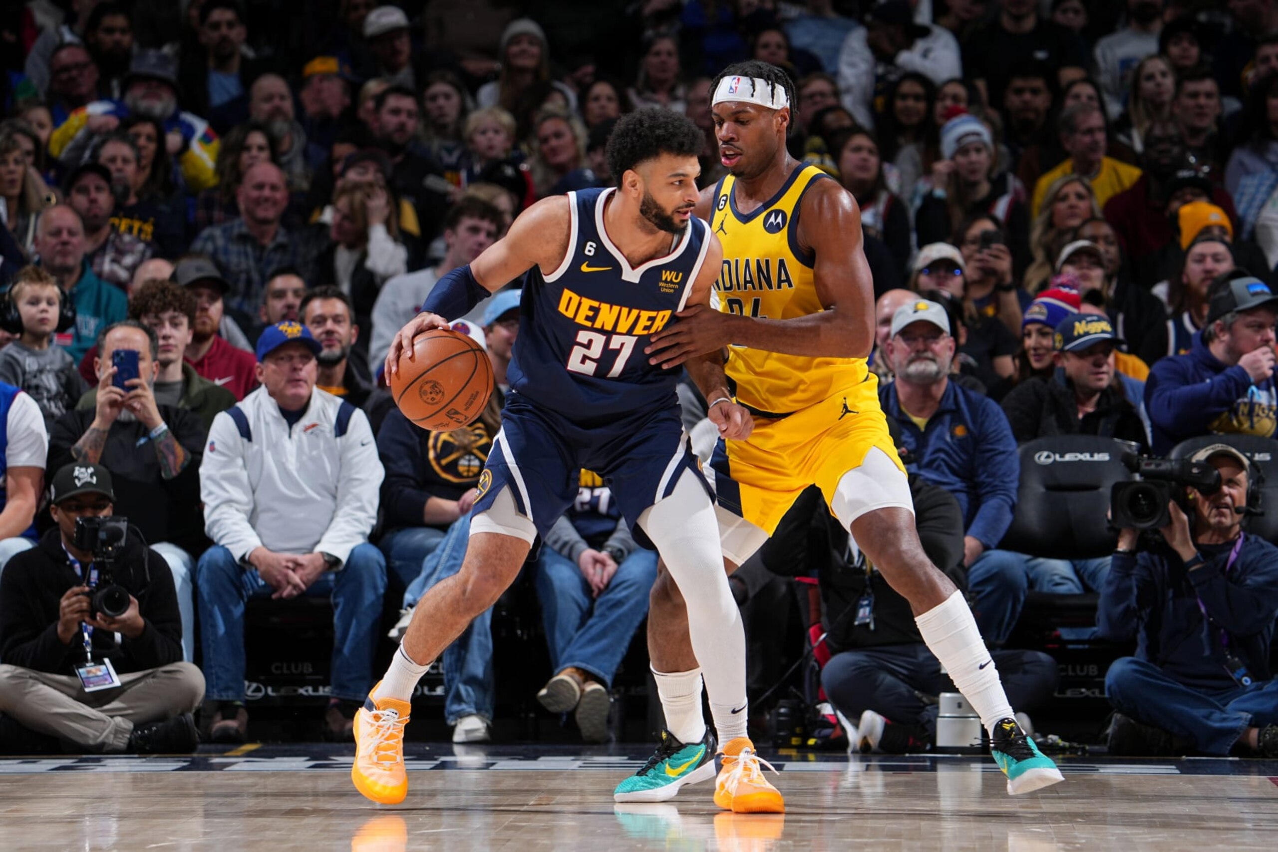 DENVER, CO - JANUARY 20: Jamal Murray #27 of the Denver Nuggets dribbles the ball during the game against the Indiana Pacers on January 20, 2023 at the Ball Arena in Denver, Colorado. NOTE TO USER: User expressly acknowledges and agrees that, by downloading and/or using this Photograph, user is consenting to the terms and conditions of the Getty Images License Agreement. Mandatory Copyright Notice: Copyright 2023 NBAE (Photo by Bart Young/NBAE via Getty Images) DENVER, CO - JANUARY 20: Jamal Murray #27 of the Denver Nuggets dribbles the ball during the game against the Indiana Pacers on January 20, 2023 at the Ball Arena in Denver, Colorado. NOTE TO USER: User expressly acknowledges and agrees that, by downloading and/or using this Photograph, user is consenting to the terms and conditions of the Getty Images License Agreement. Mandatory Copyright Notice: Copyright 2023 NBAE (Photo by Bart Young/NBAE via Getty Images)