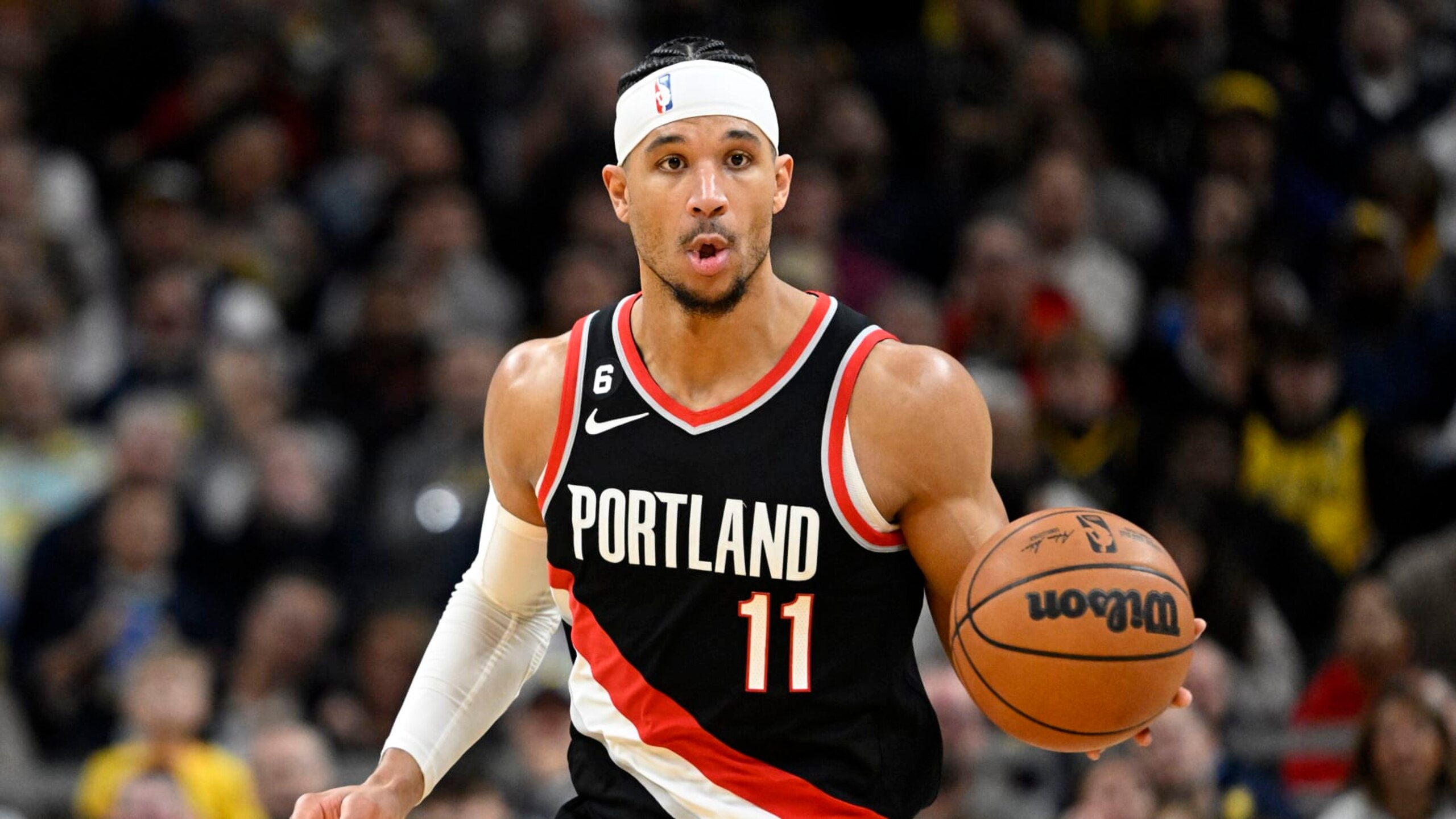 Portland Trail Blazers guard Josh Hart (11) during the second half of an NBA basketball game against the Indiana Pacers, Friday, Jan. 6, 2023, in Indianapolis. (AP Photo/Marc Lebryk)