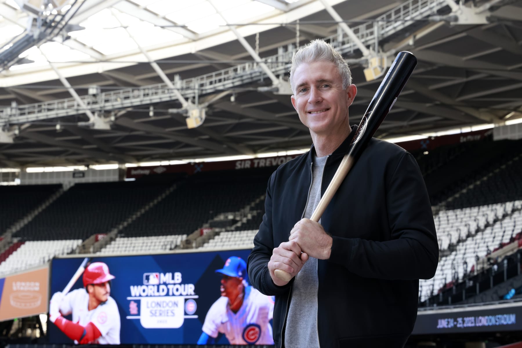 STRATFORD, LONDON - NOVEMBER 16: Chase Utley poses for a photo on the field during the MLB World Tour: London Series 2023 at London Stadium at Queen Elizabeth Park on Wednesday, November 16, 2022 in Stratford, London. (Photo by Chris Trotman/MLB Photos via Getty Images)