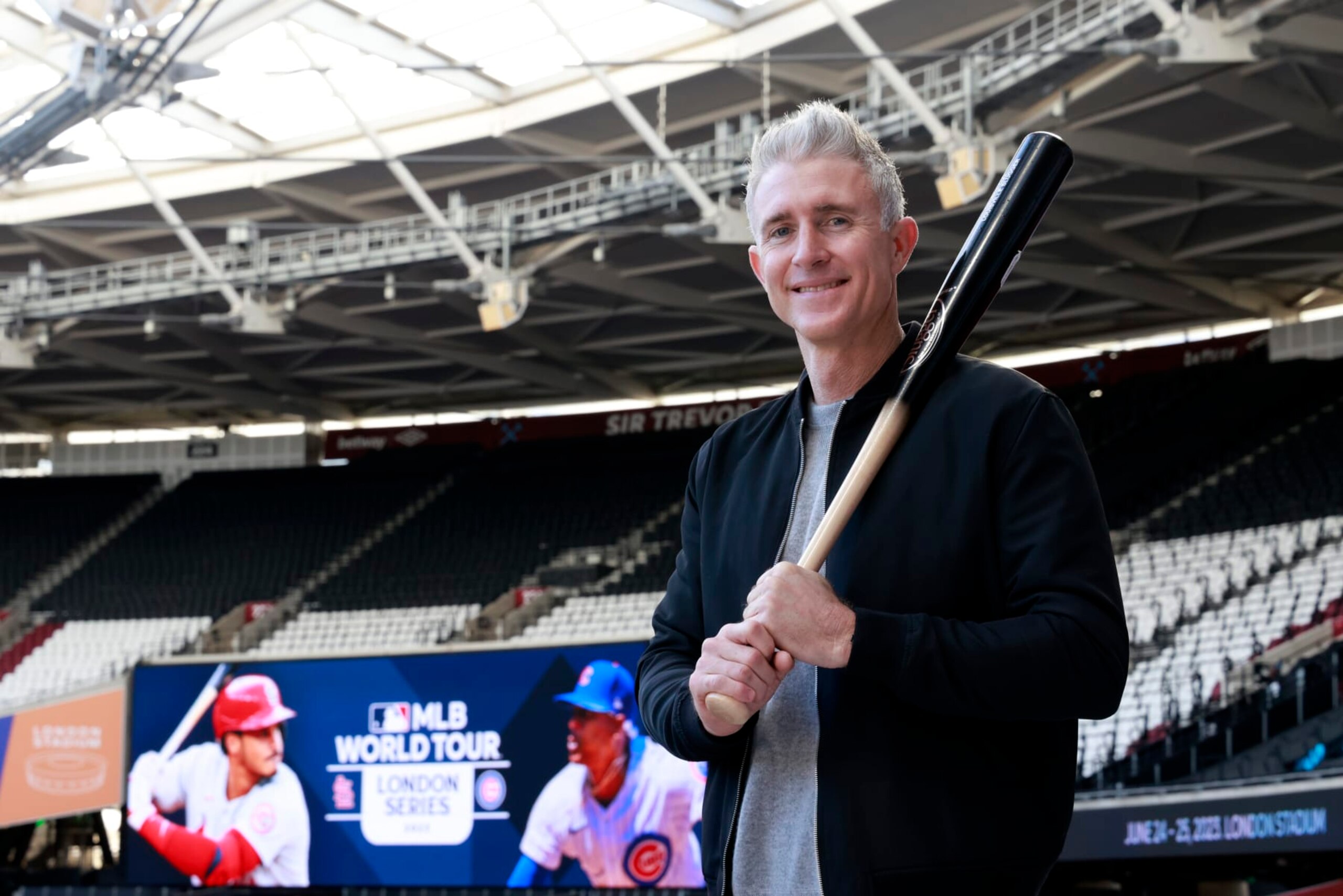 STRATFORD, LONDON - NOVEMBER 16: Chase Utley poses for a photo on the field during the MLB World Tour: London Series 2023 at London Stadium at Queen Elizabeth Park on Wednesday, November 16, 2022 in Stratford, London. (Photo by Chris Trotman/MLB Photos via Getty Images)