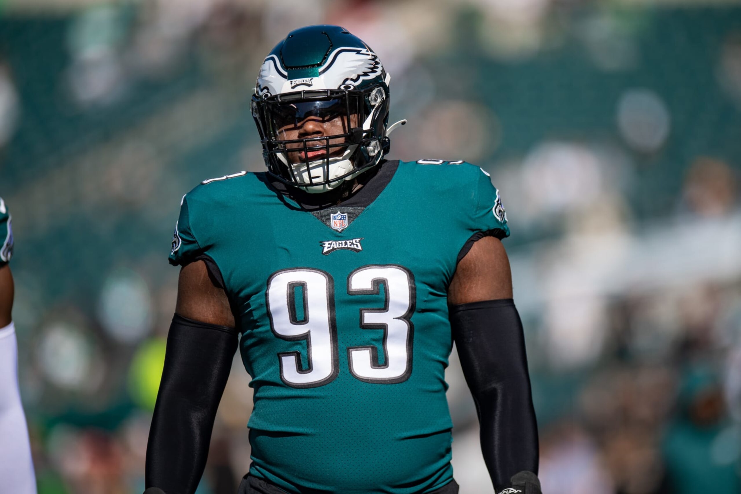 PHILADELPHIA, PA - OCTOBER 30: Philadelphia Eagles defensive tackle Milton Williams (93) during pregame of the game between the Pittsburgh Steelers and Philadelphia Eagles on Sunday, October 30, 2022 at Lincoln Financial Field in Philadelphia, PA (Photo by John Jones/Icon Sportswire via Getty Images)