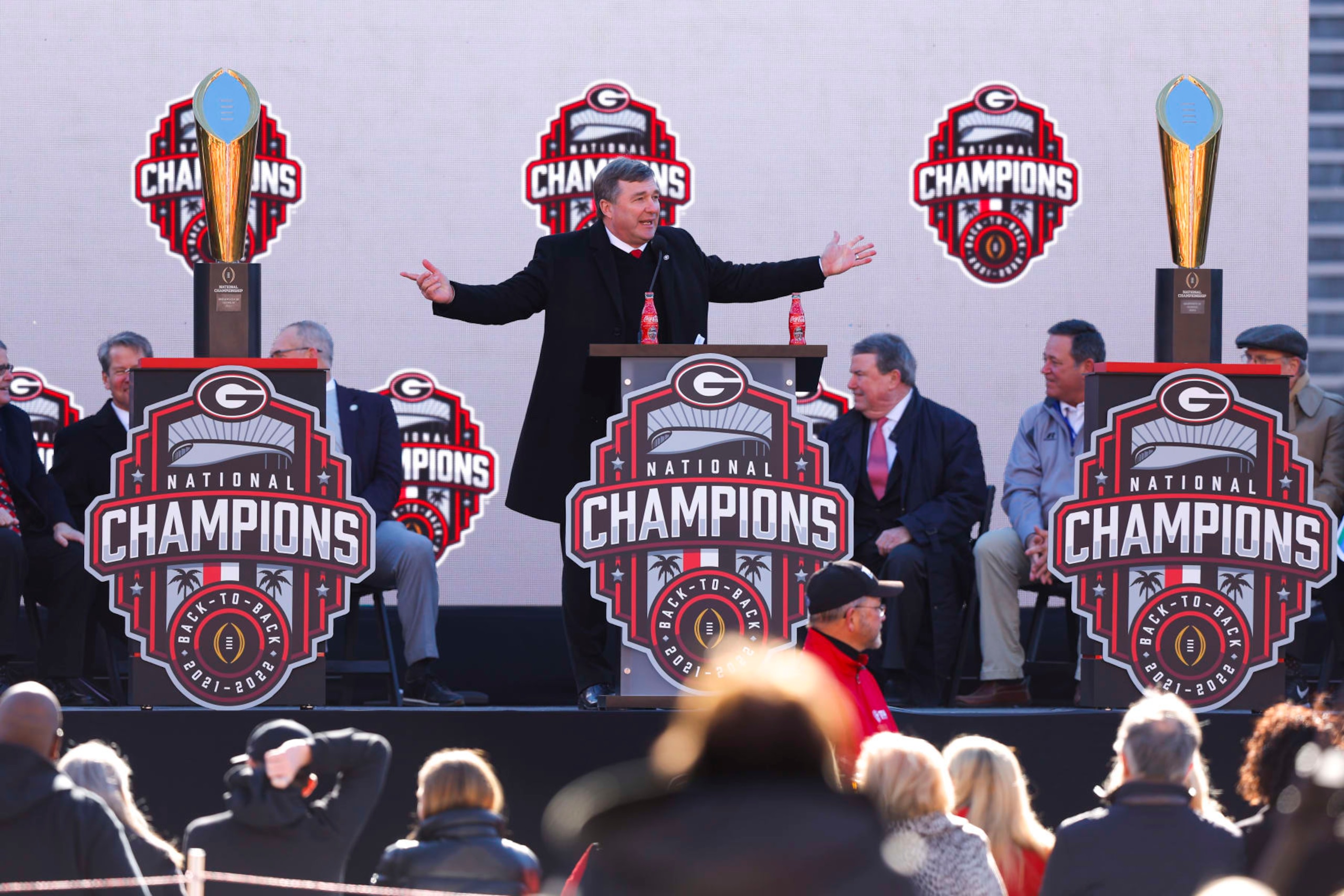 ATHENS, GA - JANUARY 14: Head coach Kirby Smart of the Georgia Bulldogs speaks during the national championship celebration on January 14, 2023 in Athens, Georgia. (Photo by Todd Kirkland/Getty Images)