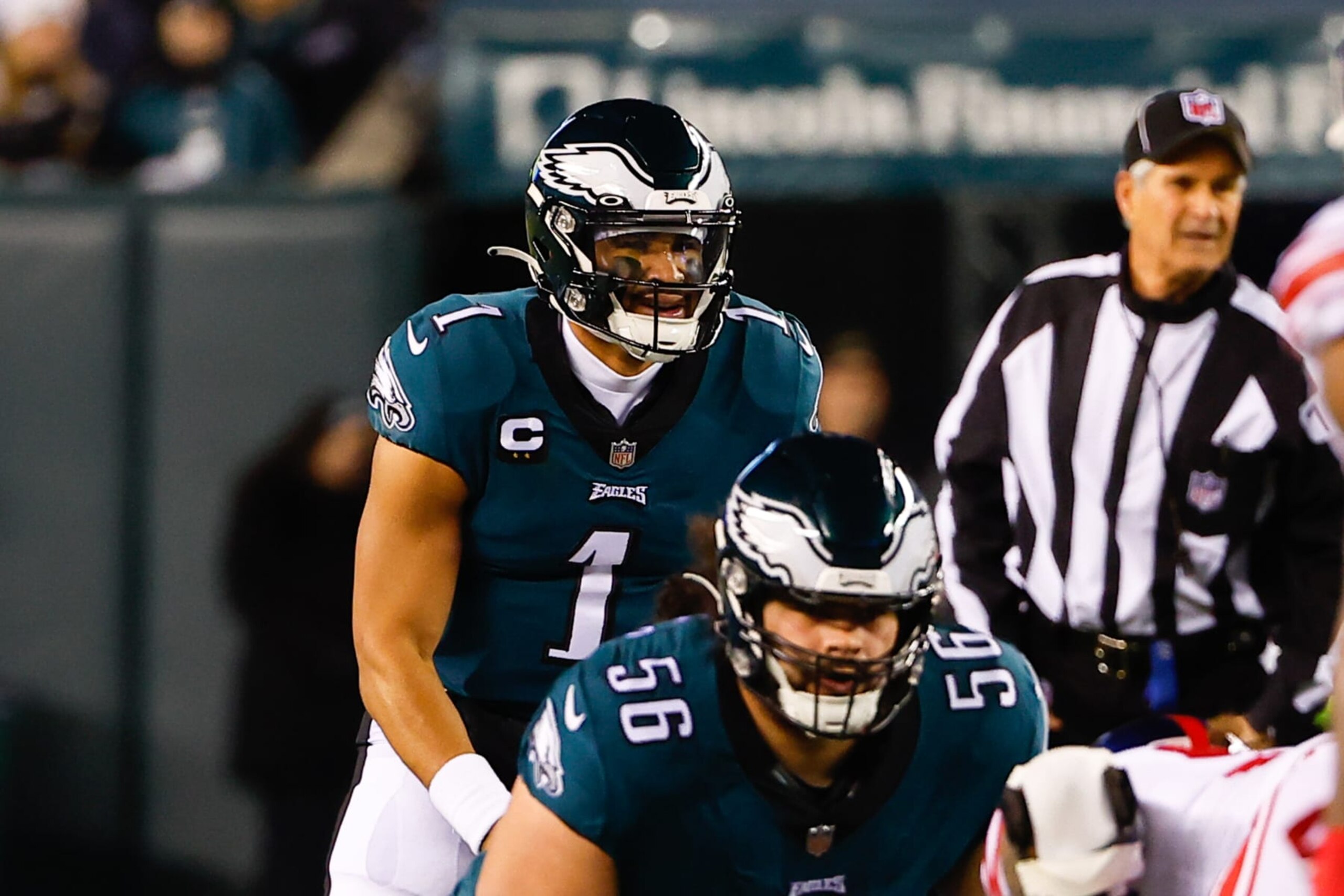 PHILADELPHIA, PA - JANUARY 21:  Philadelphia Eagles quarterback Jalen Hurts (1) during the NFC Divisional playoff game between the Philadelphia Eagles and the New York Giants on January 21, 2023 at Lincoln Financial Field in Philadelphia, Pennsylvania.  (Photo by Rich Graessle/Icon Sportswire via Getty Images)