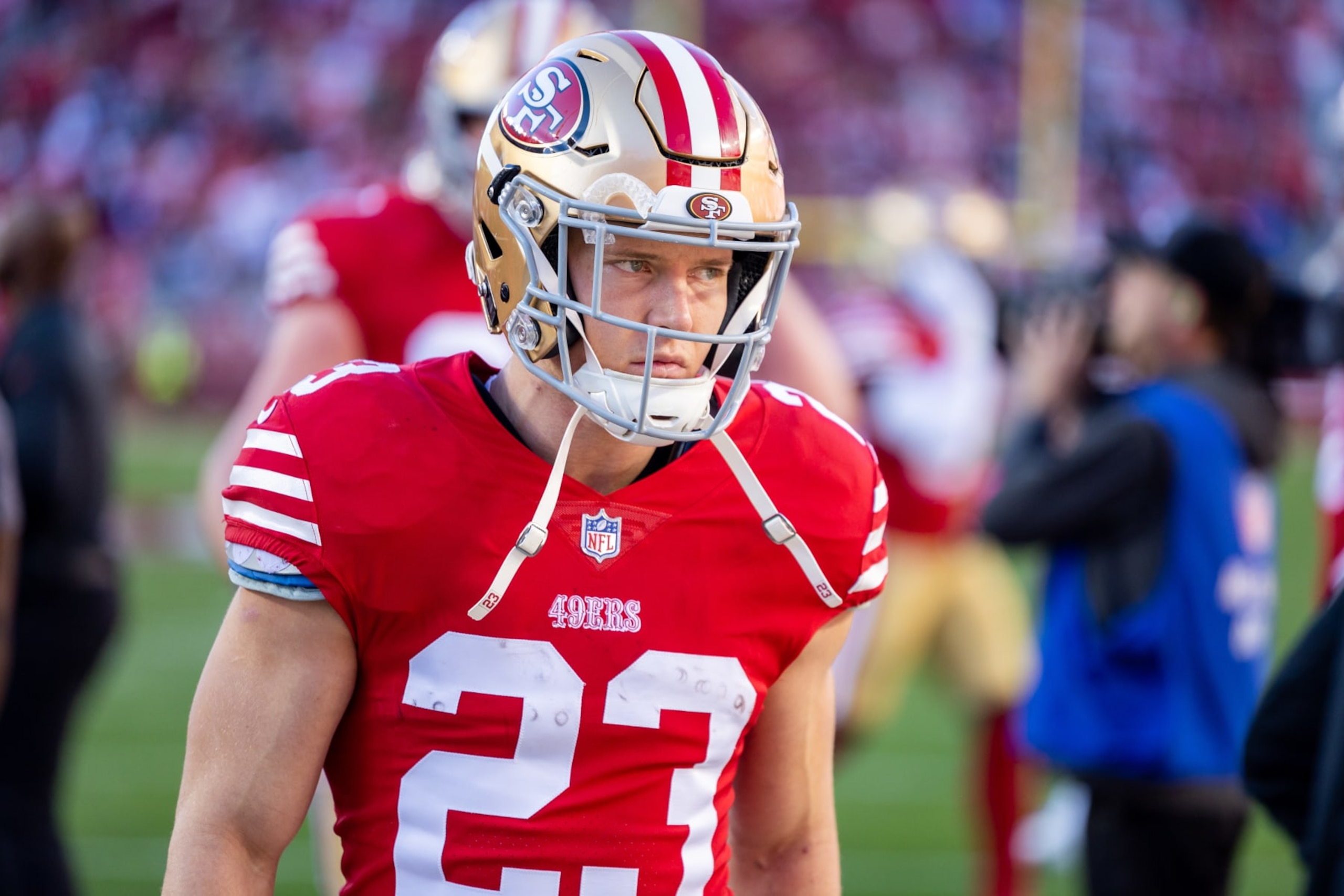 SANTA CLARA, CA - JANUARY 22: San Francisco 49ers running back Christian McCaffrey (23) warms up before the NFL NFC Divisional Playoff game between the Dallas Cowboys and San Francisco 49ers at Levis Stadium in Santa Clara, CA. (Photo by Bob Kupbens/Icon Sportswire via Getty Images)