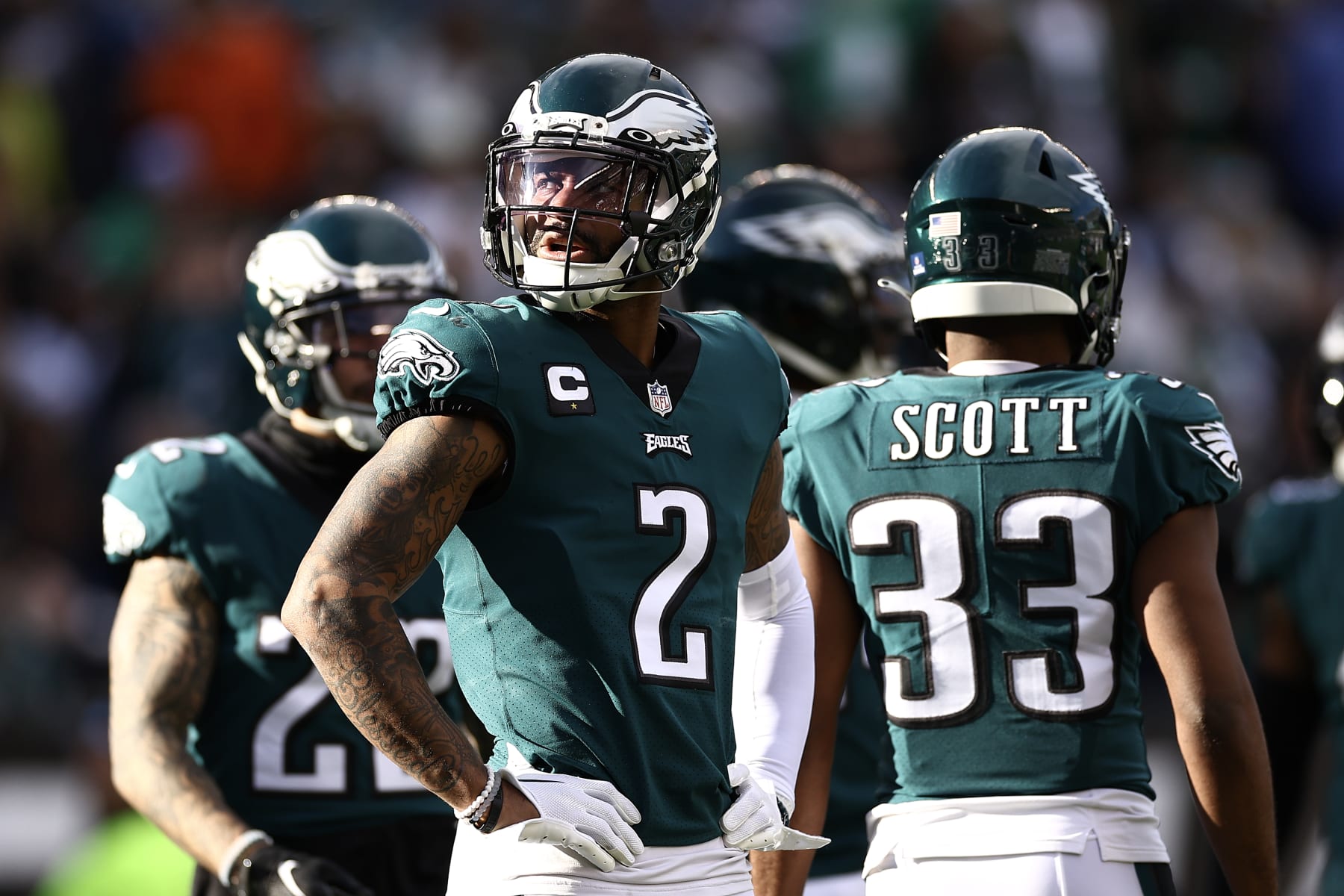 PHILADELPHIA, PENNSYLVANIA - JANUARY 01: Darius Slay #2 of the Philadelphia Eagles looks on against the New Orleans Saints during the second quarter at Lincoln Financial Field on January 01, 2023 in Philadelphia, Pennsylvania. (Photo by Tim Nwachukwu/Getty Images)
