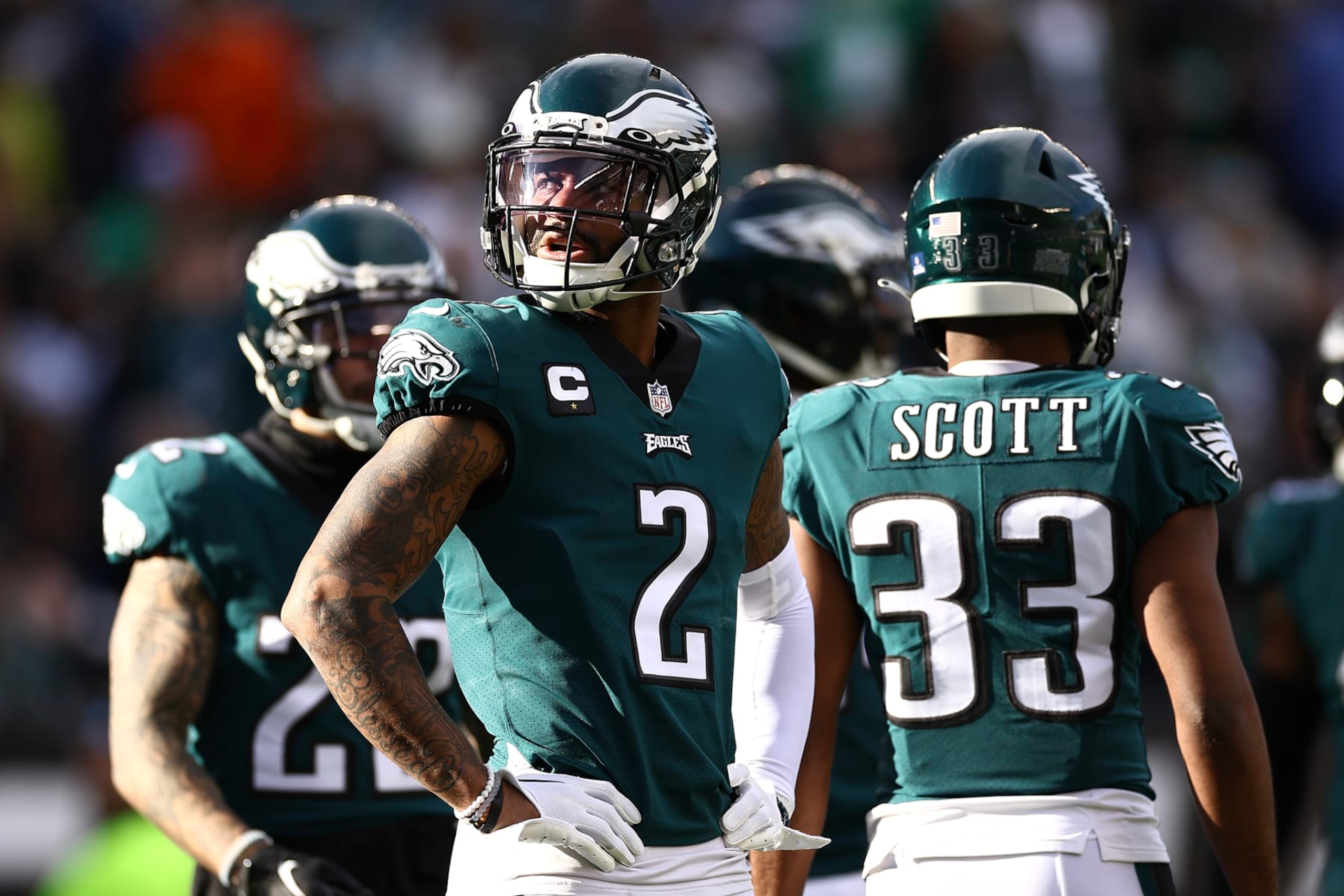 PHILADELPHIA, PENNSYLVANIA - JANUARY 01: Darius Slay #2 of the Philadelphia Eagles looks on against the New Orleans Saints during the second quarter at Lincoln Financial Field on January 01, 2023 in Philadelphia, Pennsylvania. (Photo by Tim Nwachukwu/Getty Images)