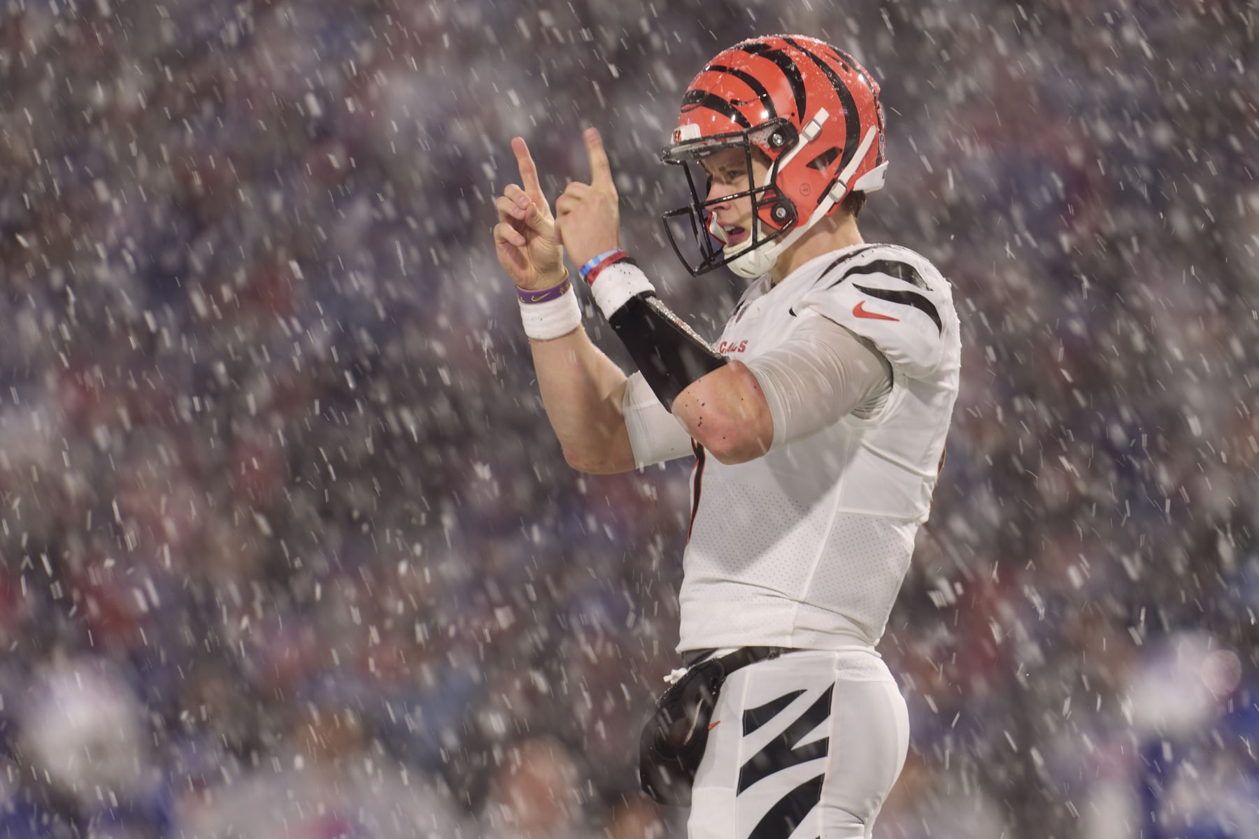 ORCHARD PARK, NY - JANUARY 22: Joe Burrow #9 of the Cincinnati Bengals looks towards the sideline against the Buffalo Bills during the second half at Highmark Stadium on January 22, 2023 in Orchard Park, New York. (Photo by Cooper Neill/Getty Images)