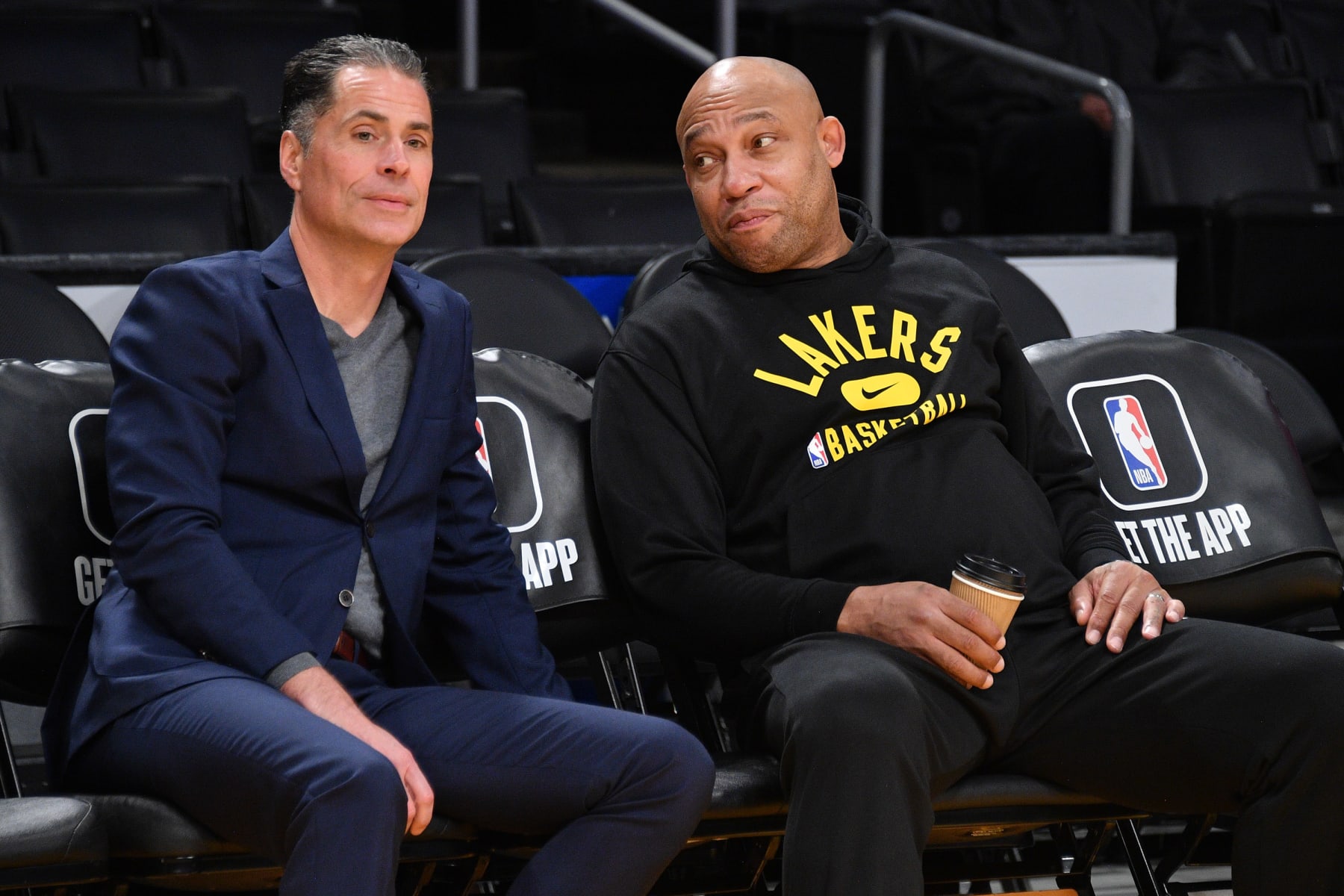 LOS ANGELES, CALIFORNIA - JANUARY 04: Rob Pelinka and Darvin Ham attend a basketball game between the Los Angeles Lakers and the Miami Heat at Crypto.com Arena on January 04, 2023 in Los Angeles, California. (Photo by Allen Berezovsky/Getty Images)