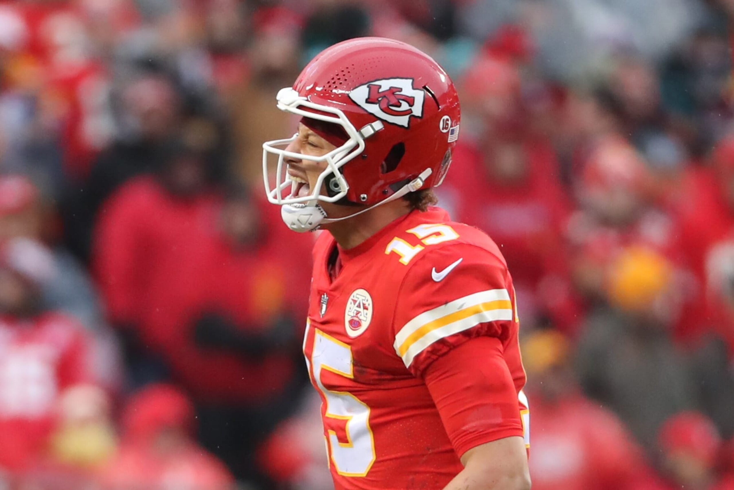 KANSAS CITY, MO - JANUARY 21: Kansas City Chiefs quarterback Patrick Mahomes (15) scream in pain after injuring his ankle in the first quarter of an AFC divisional playoff game between the Jacksonville Jaguars and Kansas City Chiefs on January 21, 2023 at GEHA Field at Arrowhead Stadium in Kansas City, MO. (Photo by Scott Winters/Icon Sportswire via Getty Images)