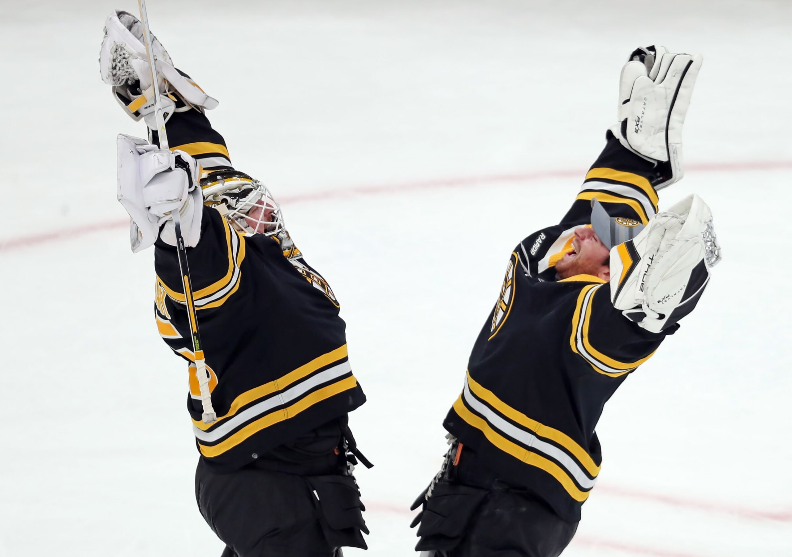 Boston, MA - January 22: Boston Bruins goalies Linus Ullmark, left and Jeremy Swayman both played in the 4-0 shutout victory over the San Jose Sharks. (Photo by Jim Davis/The Boston Globe via Getty Images)