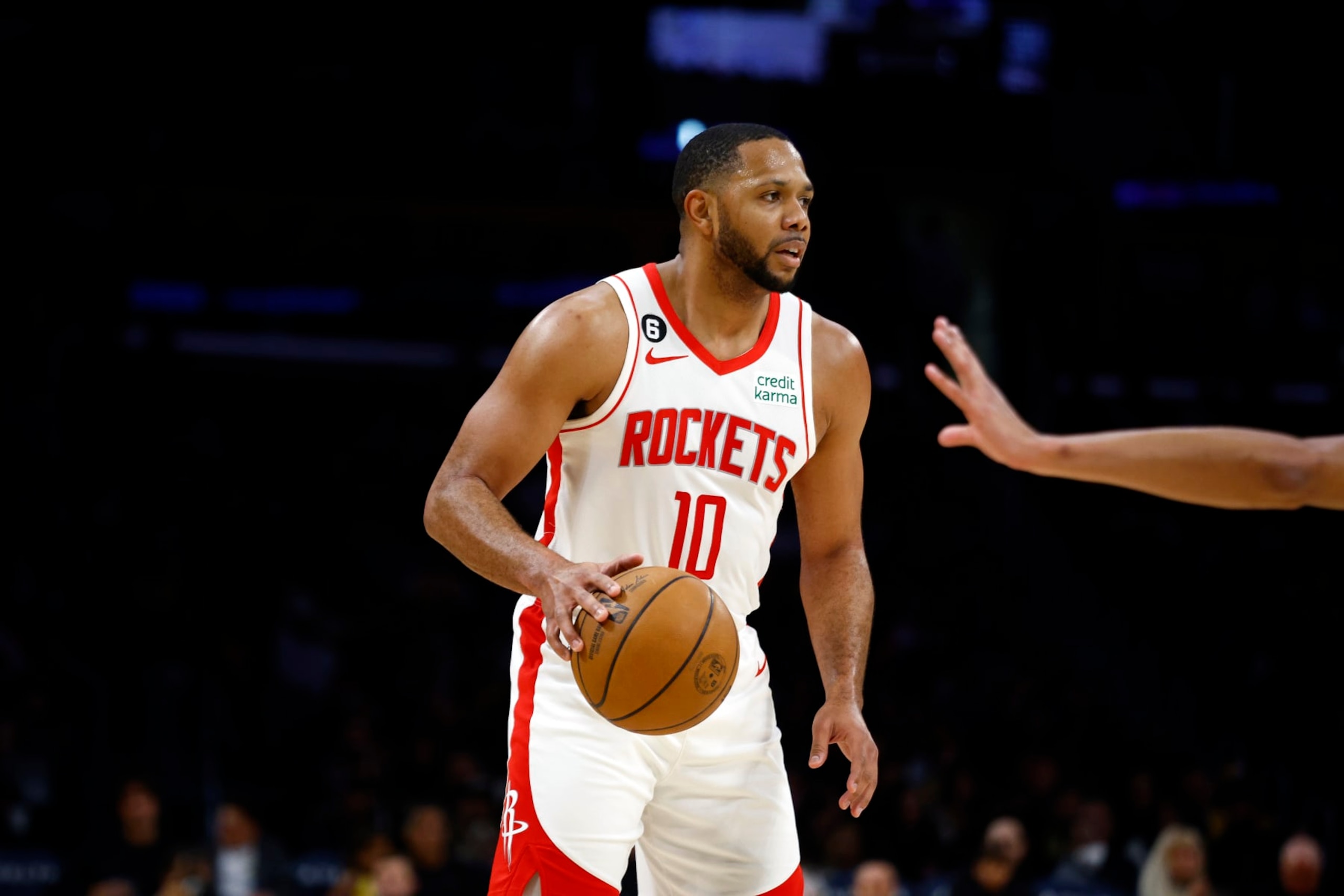 LOS ANGELES, CALIFORNIA - JANUARY 16:   Eric Gordon #10 of the Houston Rockets in the first half at Crypto.com Arena on January 16, 2023 in Los Angeles, California.  NOTE TO USER: User expressly acknowledges and agrees that, by downloading and/or using this photograph, user is consenting to the terms and conditions of the Getty Images License Agreement.  (Photo by Ronald Martinez/Getty Images)