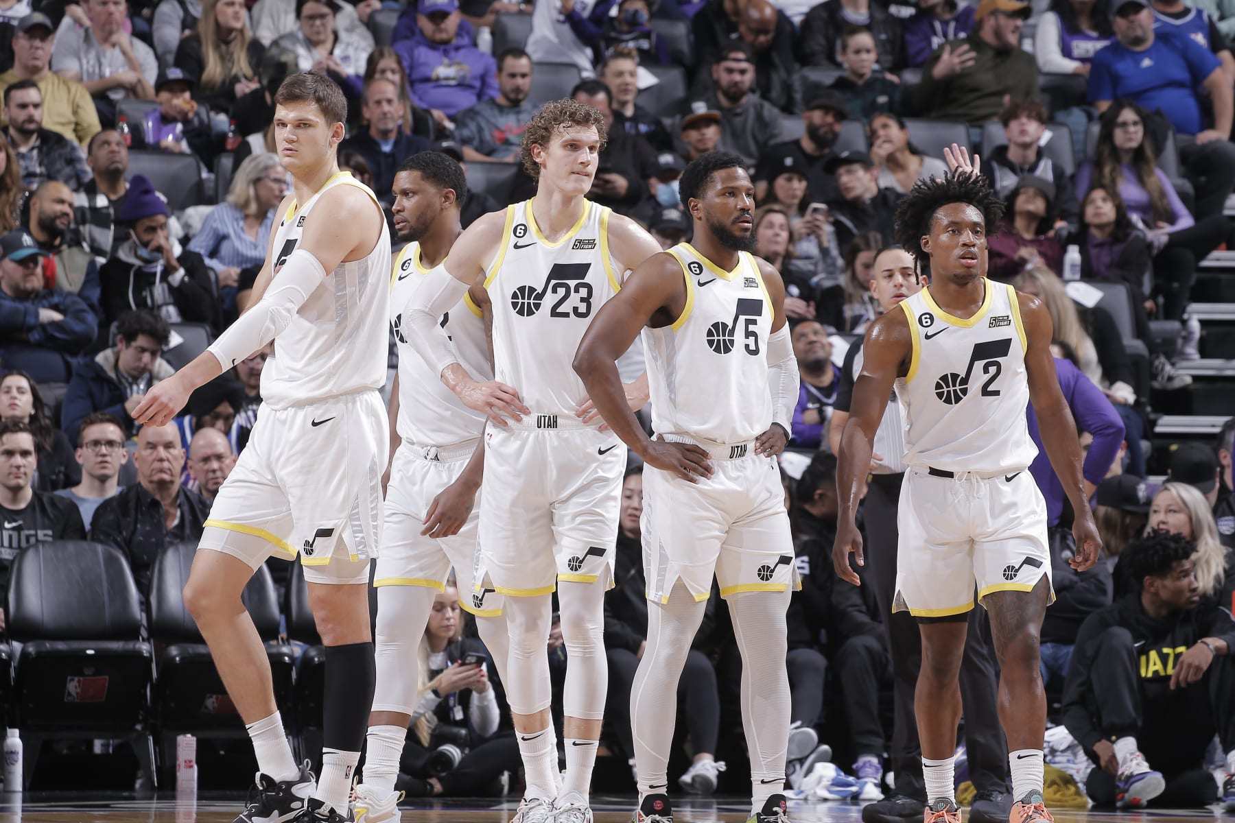 SACRAMENTO, CA - DECEMBER 30: Walker Kessler #24, Rudy Gay #22, Lauri Markkanen #23, Malik Beasley #5, and Collin Sexton #2 of the Utah Jazz look on during the game against the Sacramento Kings on December 30, 2022 at Golden 1 Center in Sacramento, California. NOTE TO USER: User expressly acknowledges and agrees that, by downloading and or using this photograph, User is consenting to the terms and conditions of the Getty Images Agreement. Mandatory Copyright Notice: Copyright 2022 NBAE (Photo by Rocky Widner/NBAE via Getty Images)