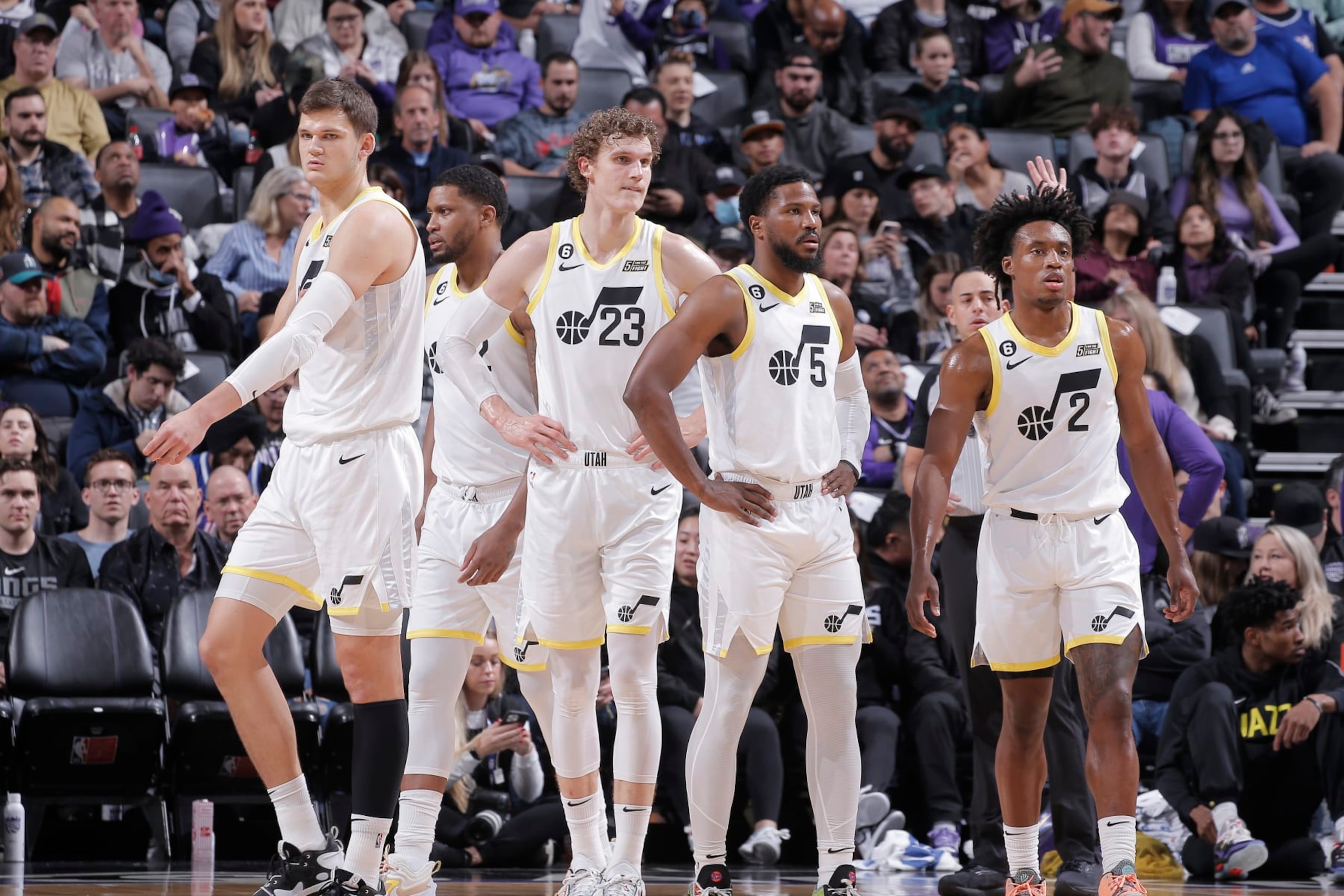 SACRAMENTO, CA - DECEMBER 30: Walker Kessler #24, Rudy Gay #22, Lauri Markkanen #23, Malik Beasley #5, and Collin Sexton #2 of the Utah Jazz look on during the game against the Sacramento Kings on December 30, 2022 at Golden 1 Center in Sacramento, California. NOTE TO USER: User expressly acknowledges and agrees that, by downloading and or using this photograph, User is consenting to the terms and conditions of the Getty Images Agreement. Mandatory Copyright Notice: Copyright 2022 NBAE (Photo by Rocky Widner/NBAE via Getty Images)