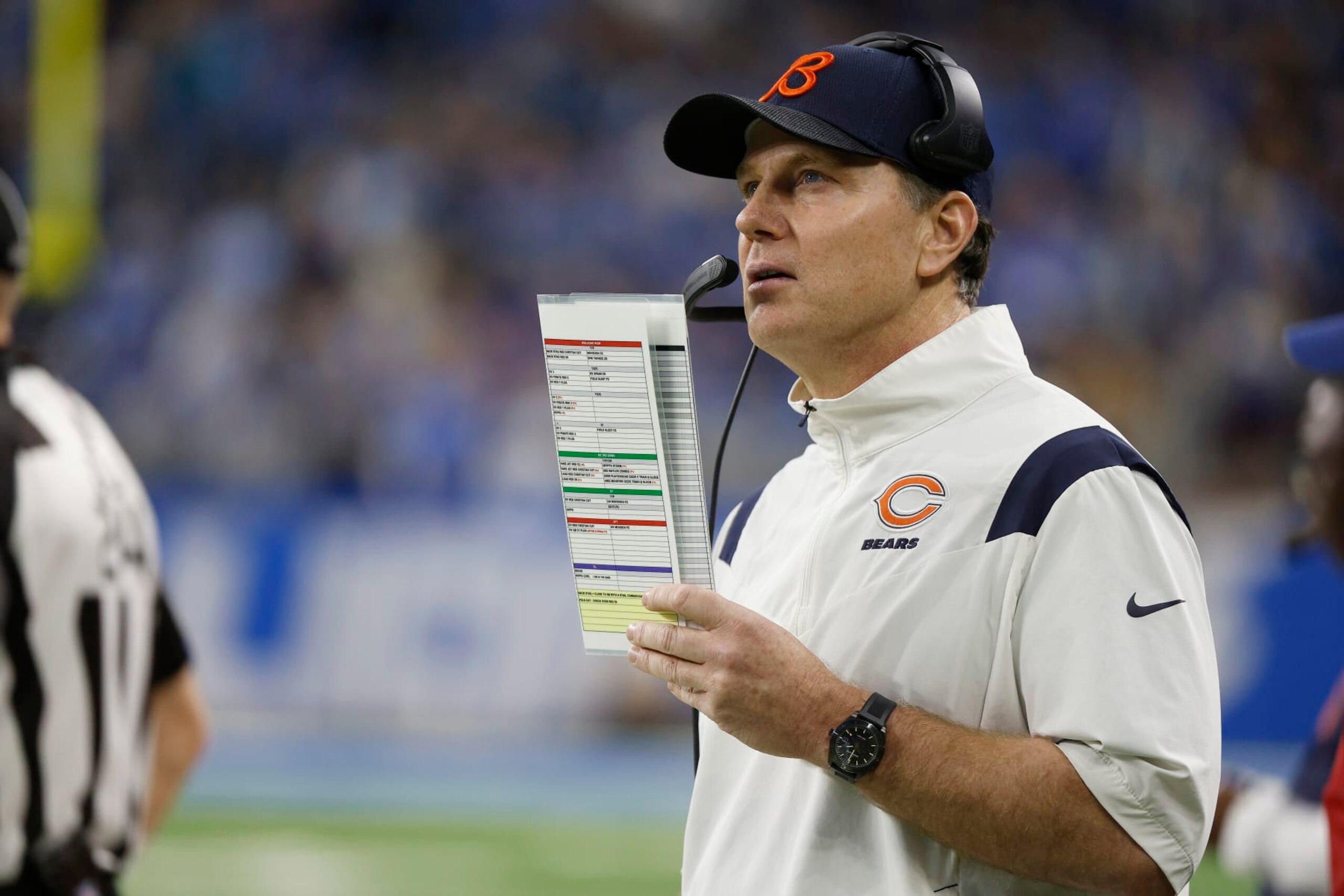 DETROIT, MICHIGAN - JANUARY 01: Head coach Matt Eberflus of the Chicago Bears looks on during the second quarter in the game against the Chicago Bears at Ford Field on January 01, 2023 in Detroit, Michigan. (Photo by Mike Mulholland/Getty Images) DETROIT, MICHIGAN - JANUARY 01: Head coach Matt Eberflus of the Chicago Bears looks on during the second quarter in the game against the Chicago Bears at Ford Field on January 01, 2023 in Detroit, Michigan. (Photo by Mike Mulholland/Getty Images)