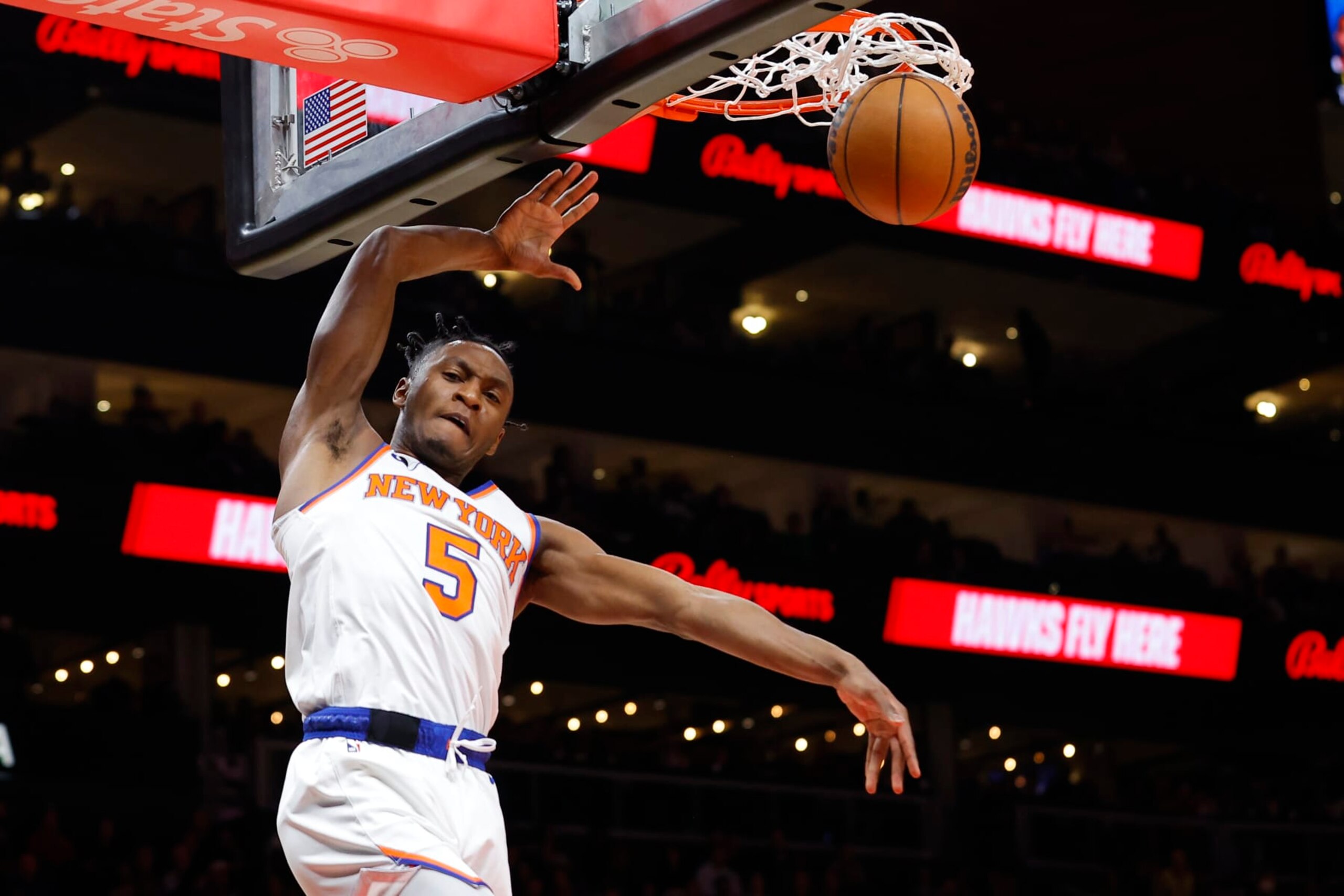 ATLANTA, GA - JANUARY 20: Immanuel Quickley #5 of the New York Knicks dunks during the first half against the Atlanta Hawks at State Farm Arena on January 20, 2023 in Atlanta, Georgia. NOTE TO USER: User expressly acknowledges and agrees that, by downloading and or using this photograph, User is consenting to the terms and conditions of the Getty Images License Agreement. (Photo by Todd Kirkland/Getty Images)