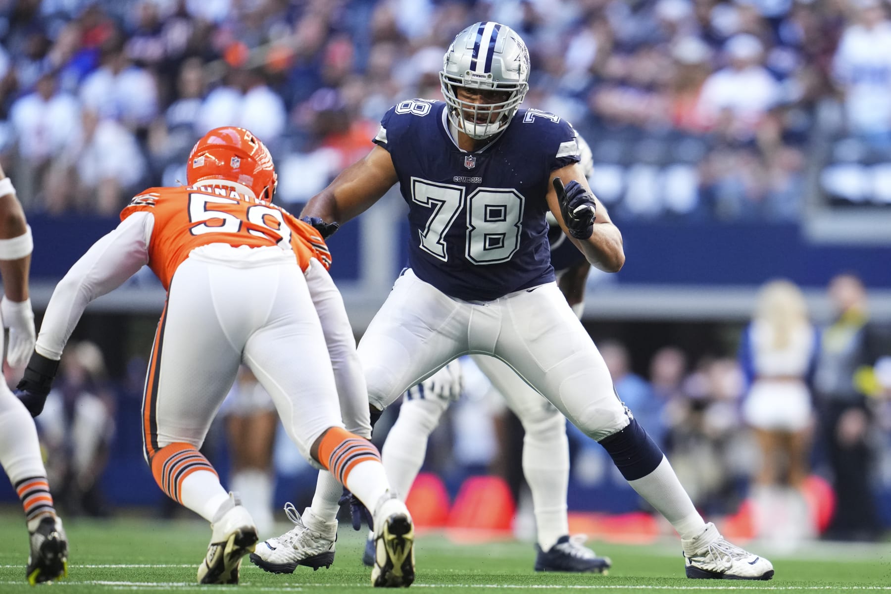 ARLINGTON, TX - OCTOBER 30: Terence Steele #78 of the Dallas Cowboys defends against the Chicago Bears at AT&T Stadium on October 30, 2022 in Arlington, Texas. (Photo by Cooper Neill/Getty Images)