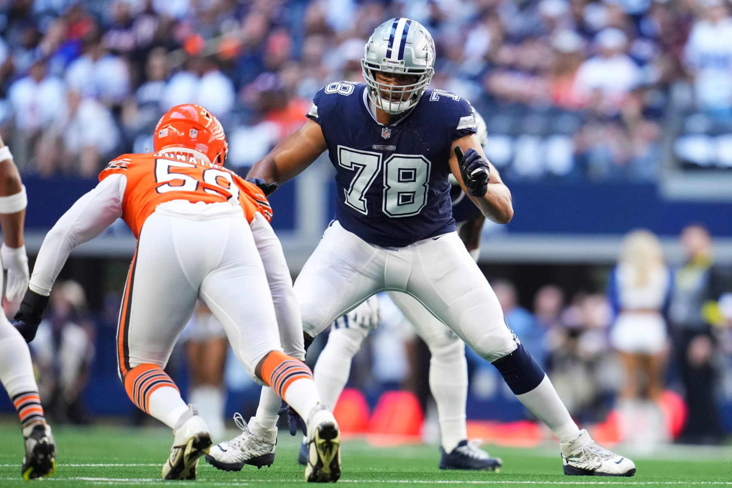 ARLINGTON, TX - OCTOBER 30: Terence Steele #78 of the Dallas Cowboys defends against the Chicago Bears at AT&T Stadium on October 30, 2022 in Arlington, Texas. (Photo by Cooper Neill/Getty Images)