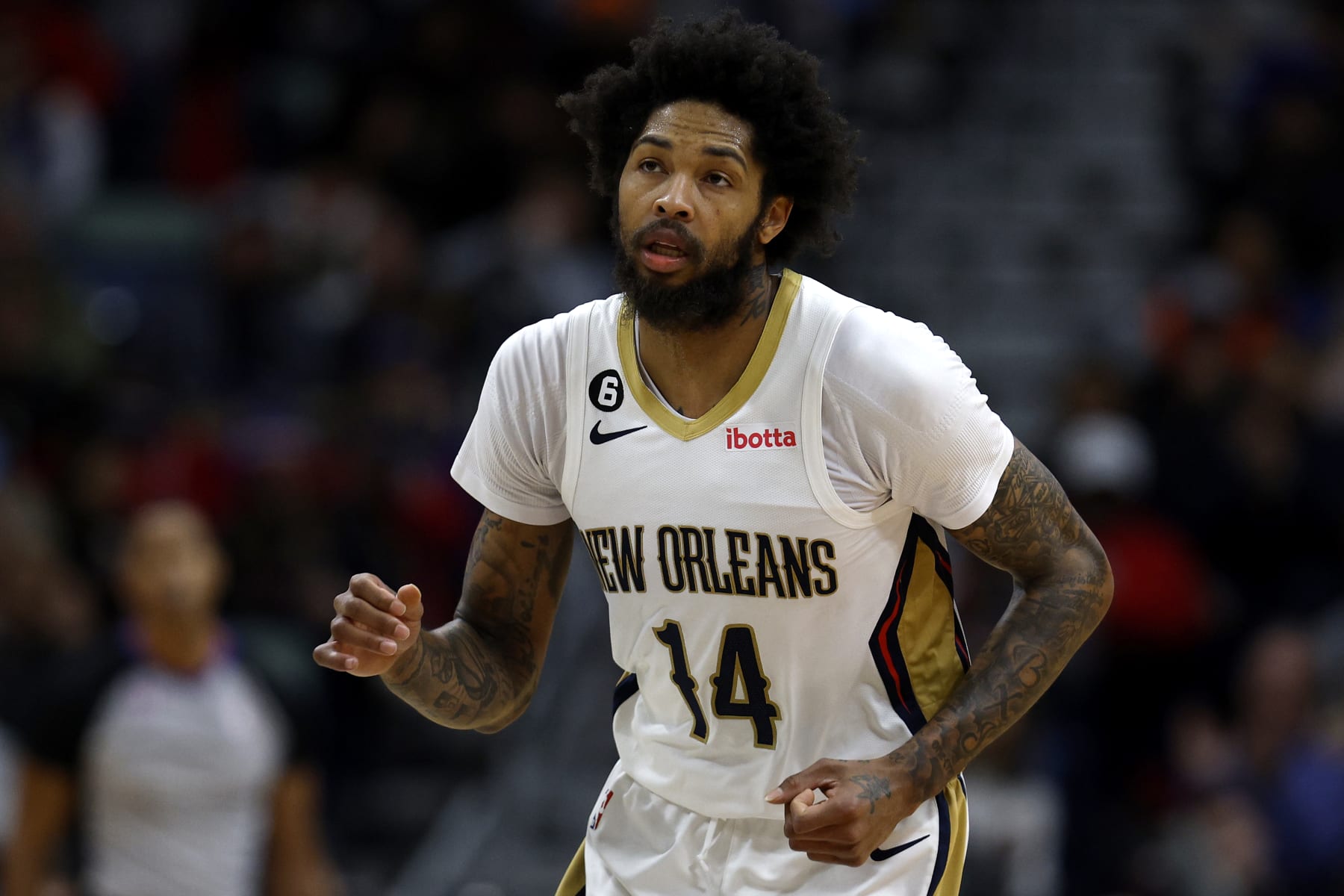 NEW ORLEANS, LOUISIANA - NOVEMBER 21: Brandon Ingram #14 of the New Orleans Pelicans stands on the court during the third quarter of an NBA game against the Golden State Warriors at Smoothie King Center on November 21, 2022 in New Orleans, Louisiana. NOTE TO USER: User expressly acknowledges and agrees that, by downloading and or using this photograph, User is consenting to the terms and conditions of the Getty Images License Agreement. (Photo by Sean Gardner/Getty Images)