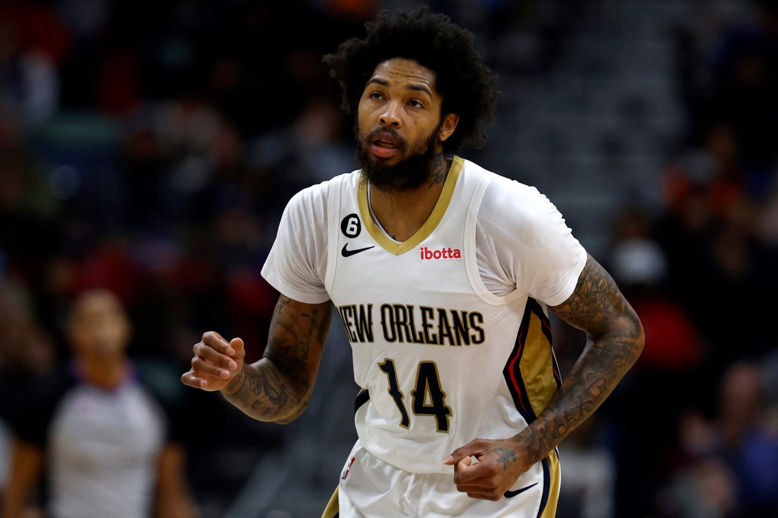 NEW ORLEANS, LOUISIANA - NOVEMBER 21: Brandon Ingram #14 of the New Orleans Pelicans stands on the court during the third quarter of an NBA game against the Golden State Warriors at Smoothie King Center on November 21, 2022 in New Orleans, Louisiana. NOTE TO USER: User expressly acknowledges and agrees that, by downloading and or using this photograph, User is consenting to the terms and conditions of the Getty Images License Agreement. (Photo by Sean Gardner/Getty Images)