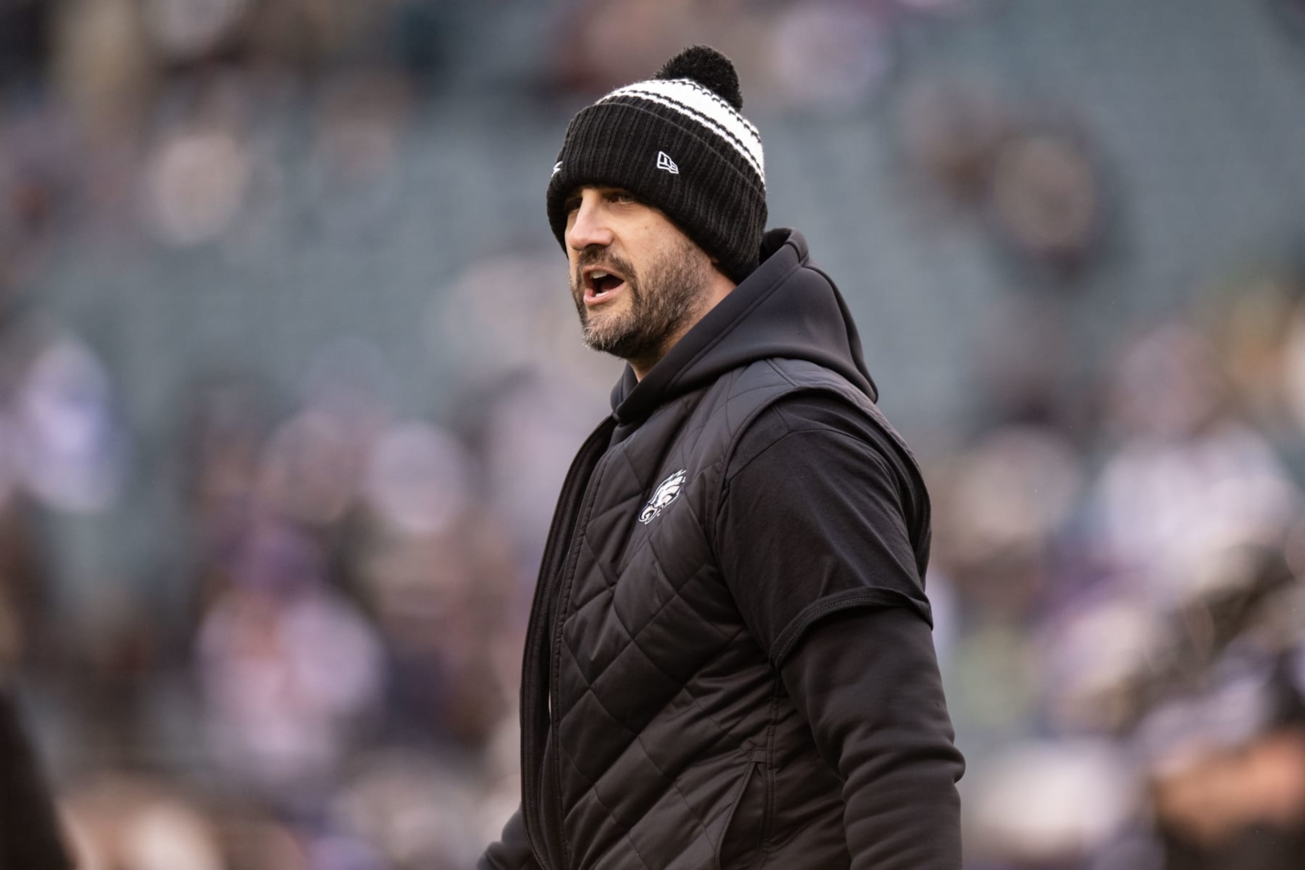 PHILADELPHIA, PA - JANUARY 08: Philadelphia Eagles head coach Nick Sirianni during pregame of the National Football league game between the New York Giants and Philadelphia Eagles on January 8, 2023 at Lincoln Financial Field in Philadelphia, PA (Photo by John Jones/Icon Sportswire via Getty Images)