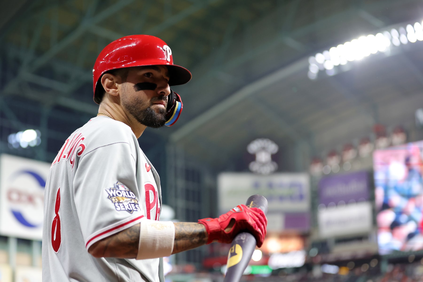 HOUSTON, TEXAS - OCTOBER 29: Nick Castellanos #8 of the Philadelphia Phillies on deck in the fourth inning against the Houston Astros in Game Two of the 2022 World Series at Minute Maid Park on October 29, 2022 in Houston, Texas. (Photo by Carmen Mandato/Getty Images)