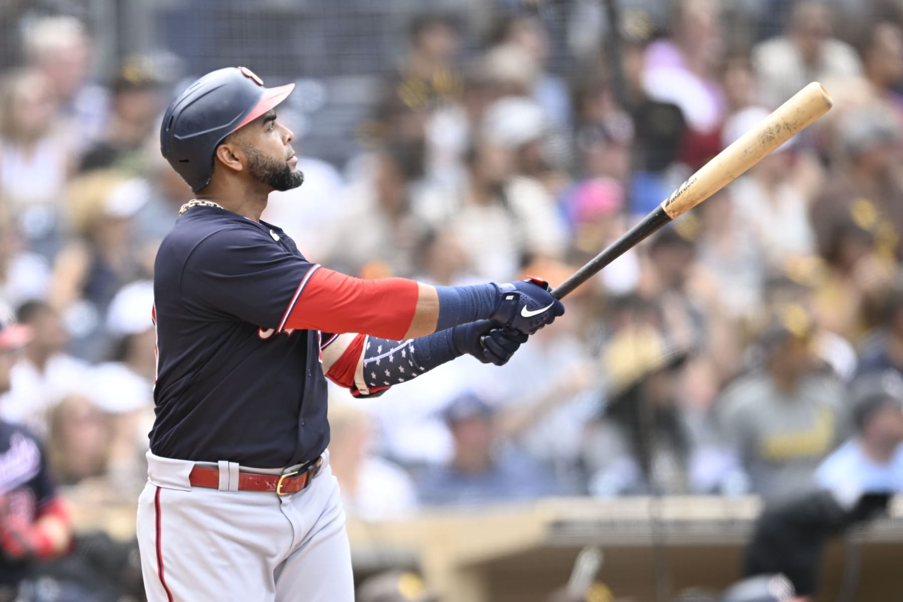 SAN DIEGO, CA - AUGUST 21: Nelson Cruz #23 of the Washington Nationals hits a solo home run during the fourth inning of a baseball game against the San Diego Padres on August 21, 2022 at Petco Park in San Diego, California. (Photo by Denis Poroy/Getty Images)